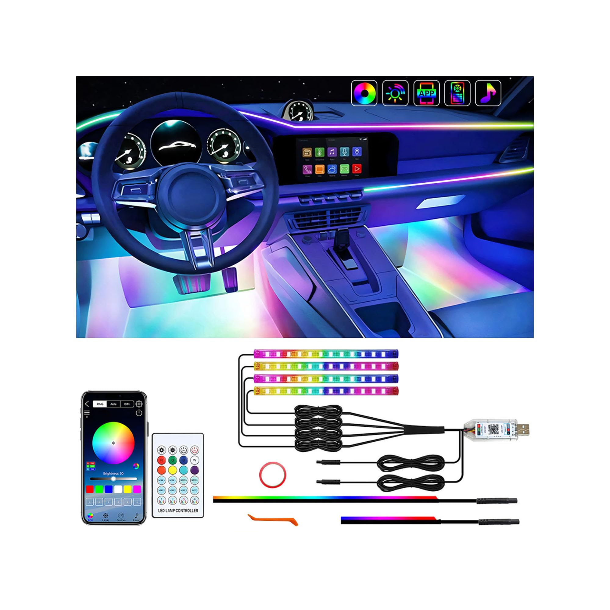 Striscia LED interna per auto con controllo tramite app,Kit di illuminazione ambientale al neon RGB 6 in 1,Striscia LED sotto il cruscotto e nel vano piedi con sincronizzazione musicale