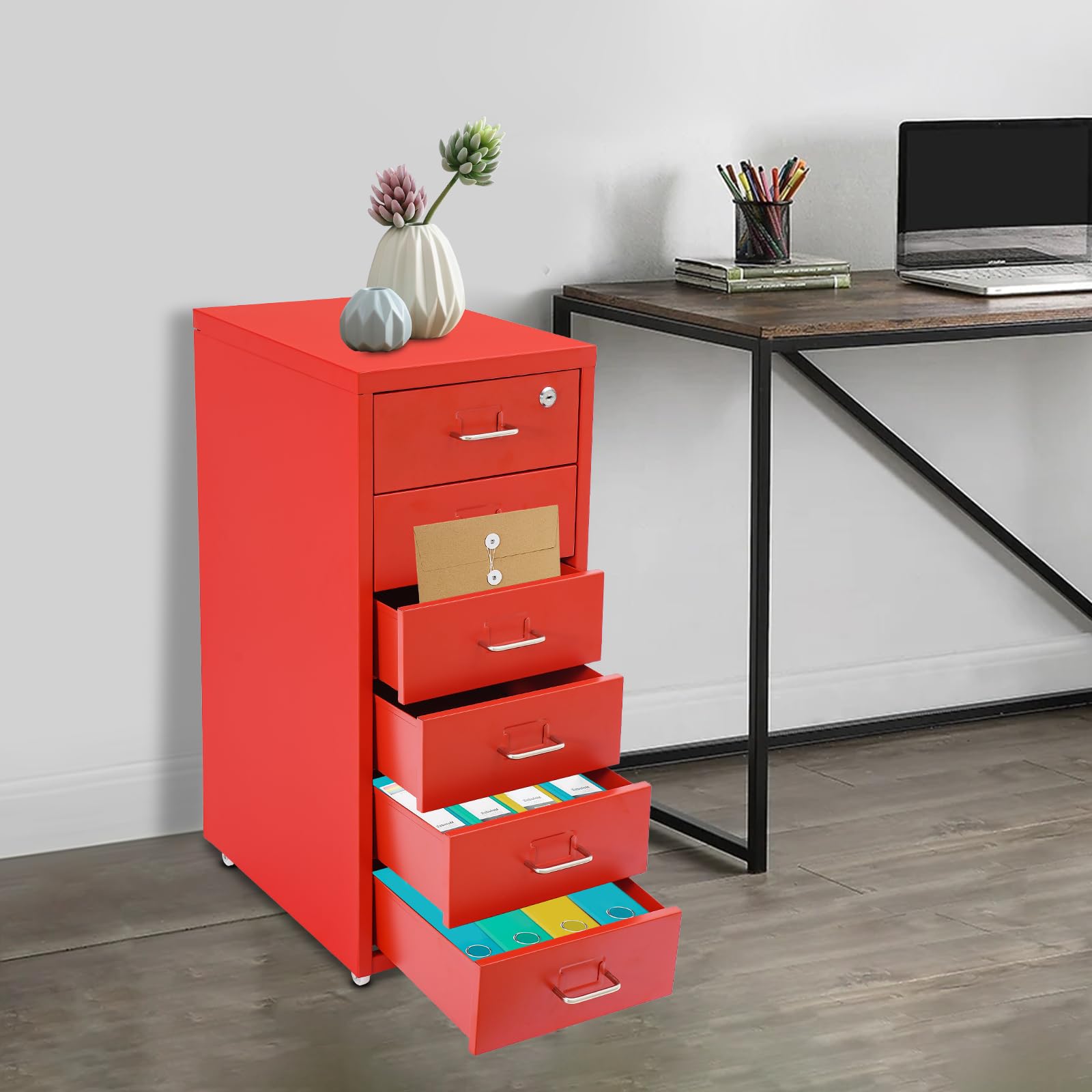 Cassettiera con 6 cassetti, armadietto da ufficio con ruote, in metallo, per ufficio, studio, colore rosso