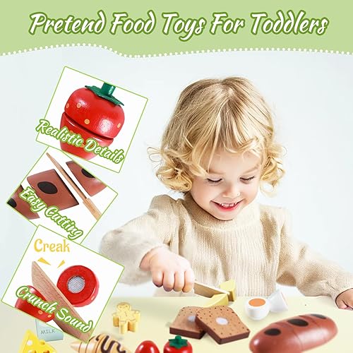 Miniatura 3 de Juego de desayuno de comida de juguete de madera para niños, accesorios de cocina con cajas, juegos falsos Montessori, regalo de comida para niños y