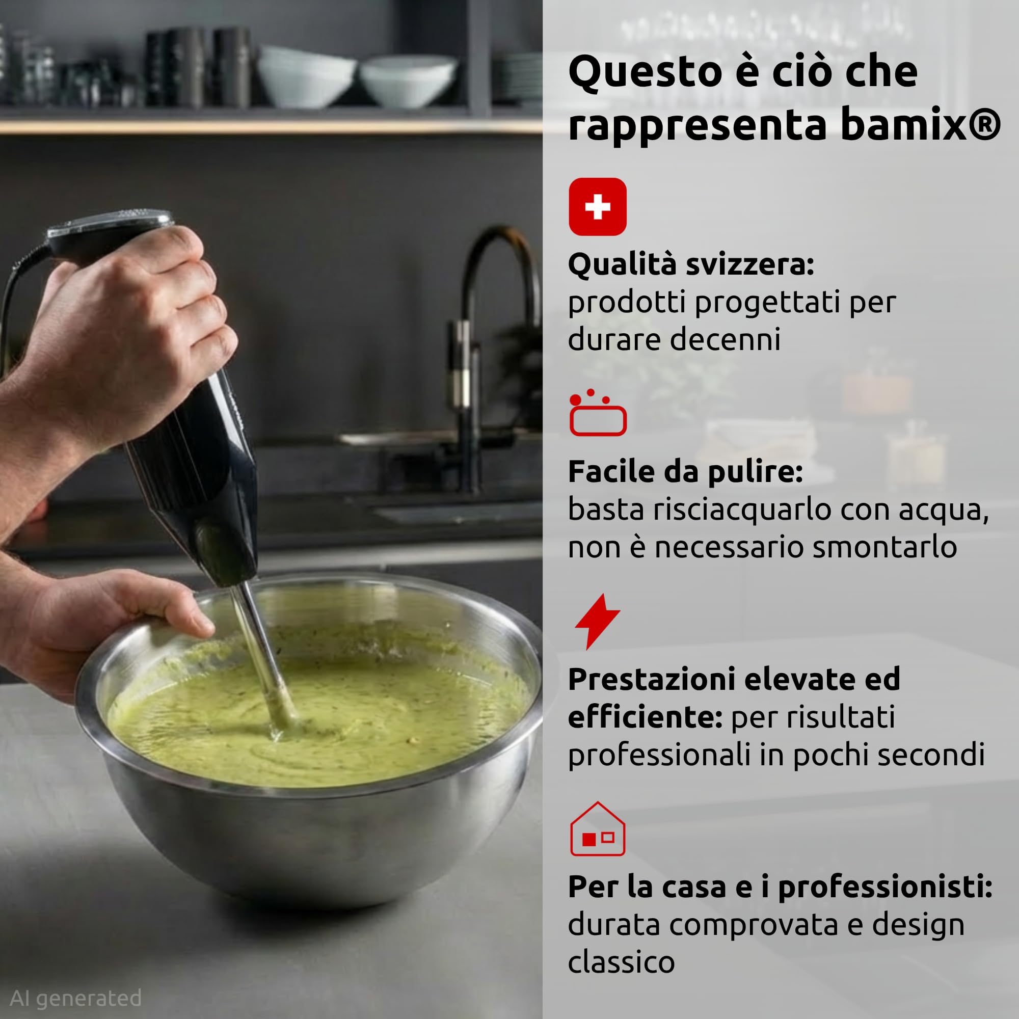bamix Frullatore a immersione sbattitore M250 PRIME incl. lama multiuso, frusta, frullino in acciaio inox, 250 watt, 2 velocità, Made in Switzerland, Nero/cromo