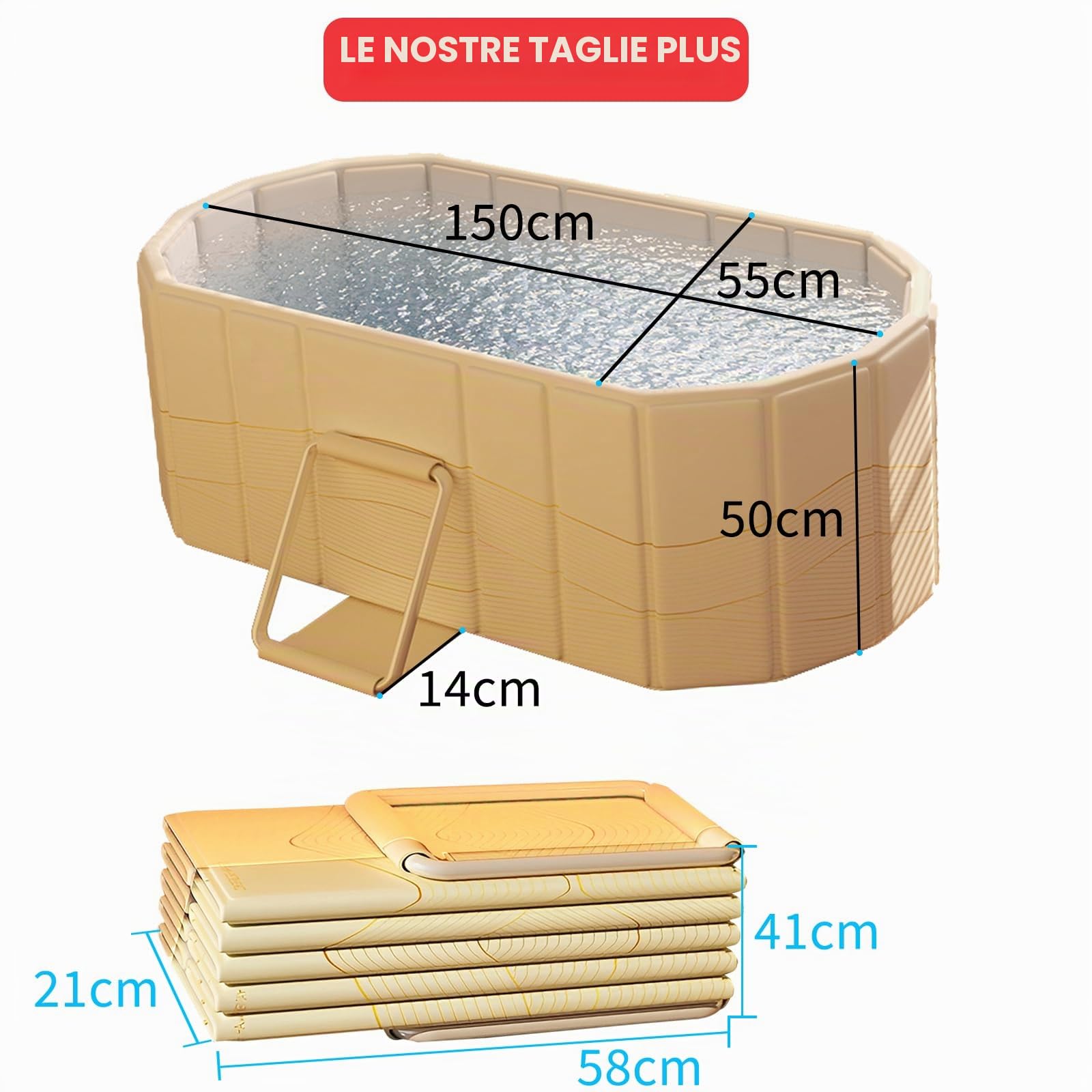 1.5M Vasca da Bagno Doppia Pieghevole - Vasca Portatile per Adulti, Senza Installazione, Ideale per SPA Domestica/Coppie, con Cuscini e Kit di Scarico (150×55×50cm)