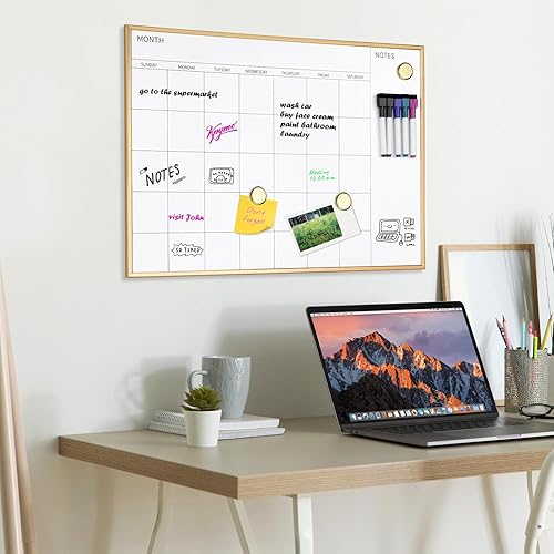 Vista 15 de VUSIGN Pizarra magnética mensual blanca, 17 x 23 pulgadas, calendario de borrado en seco para pared, oficina, escuela, hogar, marco de madera dorado