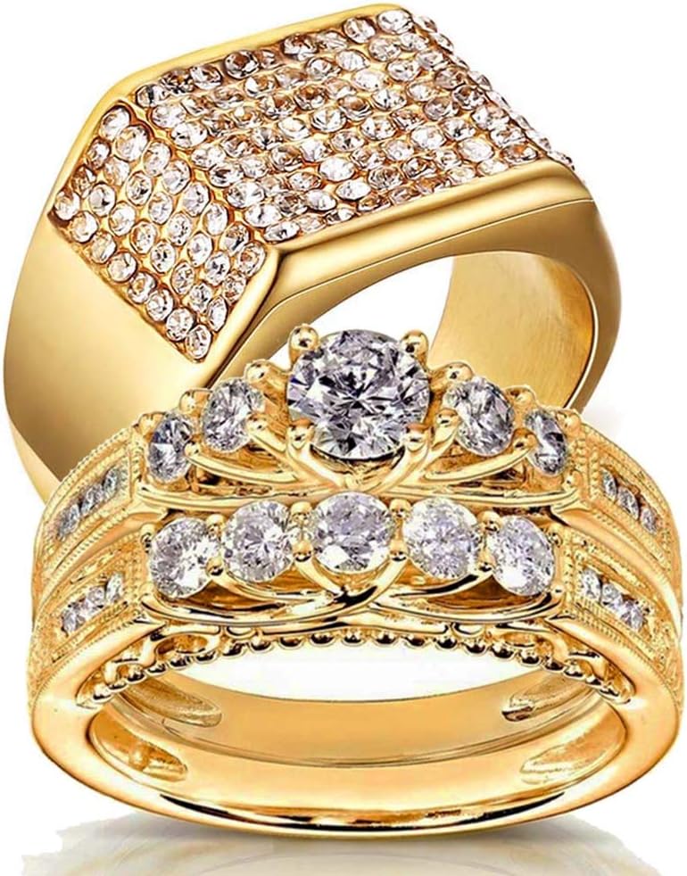 His and Hers Wedding Ring Sets Couples Matching Rings Women Yellow Gold Plated Cubic Zirconia Wedding Engagement Ring Bridal Sets & Men's Stainless Steel Wedding Band