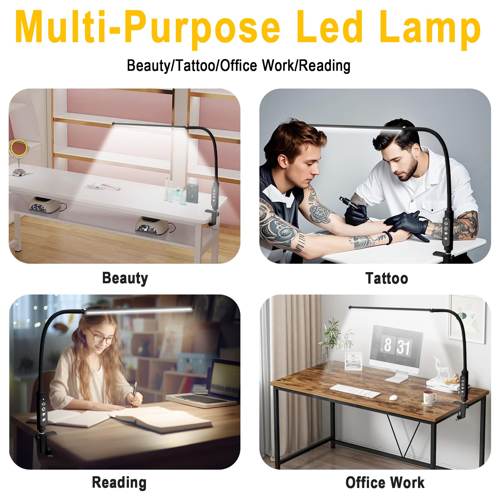 CGBE Extra-lange 60 cm Nageltischlampe LED Dimmbare Klemmlampe für Maniküre | 360° Verstellbare Tischlampe für Nagel mit 3 Farbmodi und 5 Helligkeiten - Touch Steuerung - für Tattoo Basteln - Schwarz