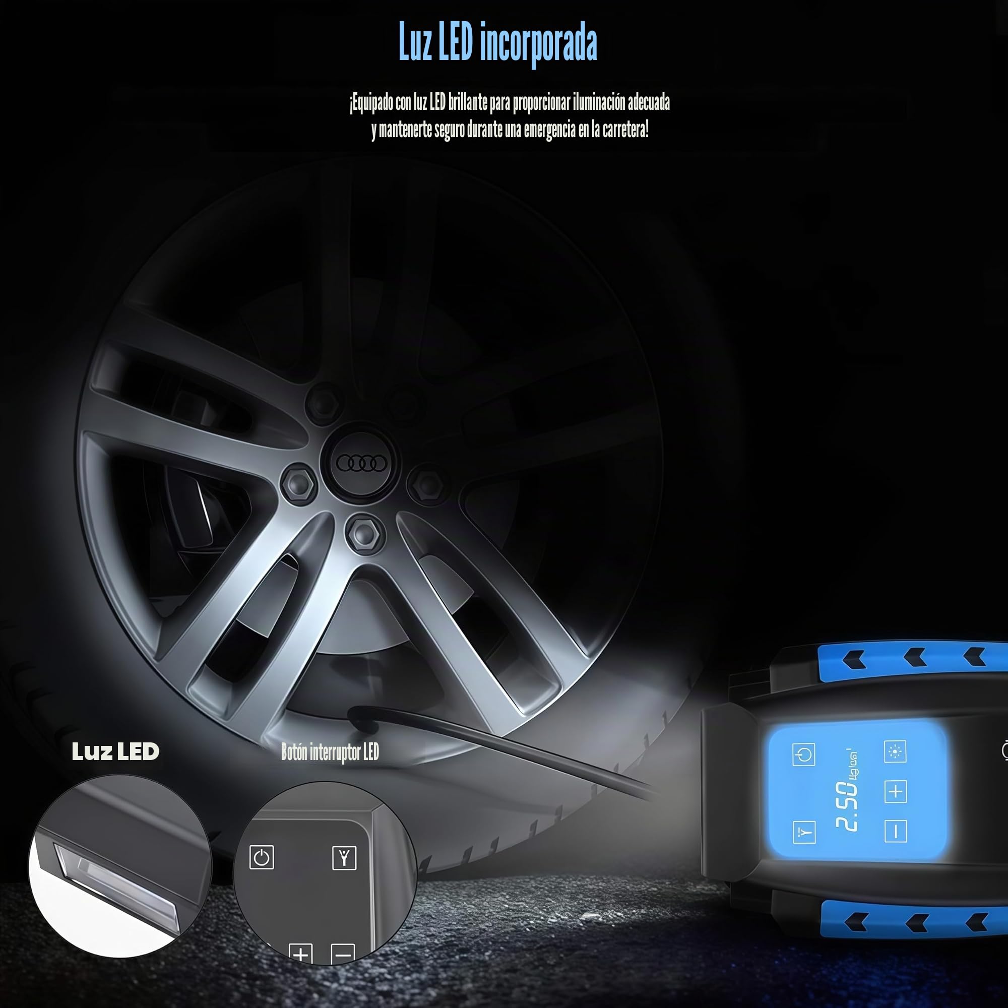 Compresor de Aire Eléctrico Portátil Alimentado con Manómetro 12V con LED Luces de Emergencia para Hinchar Neumático de Moto Coche y Bicicleta (Negro)