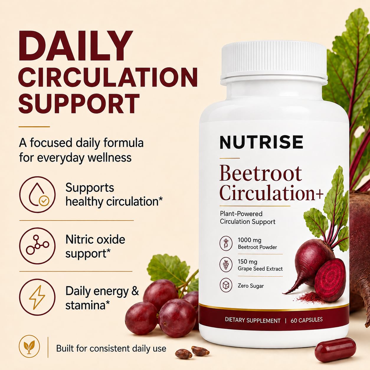 Nutrise Beetroot Capsules with Grape Seed Extract, 3-in-1 Beetroot Capsules, Nitric Oxide Support, Active Lifestyle, Non-GMO, 60 Vegan Capsules — Amazon image 5