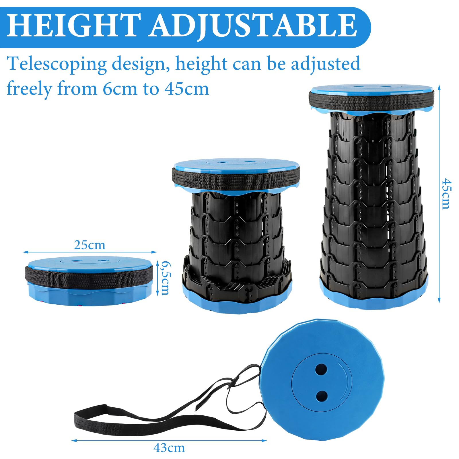 2 Piezas Taburete Plegable Redondo, Taburete telescópico Plegable Ajustable de 6 a 45 cm con Correa, Carga hasta 200 kg para Camping, Pesca y Viajes Azul