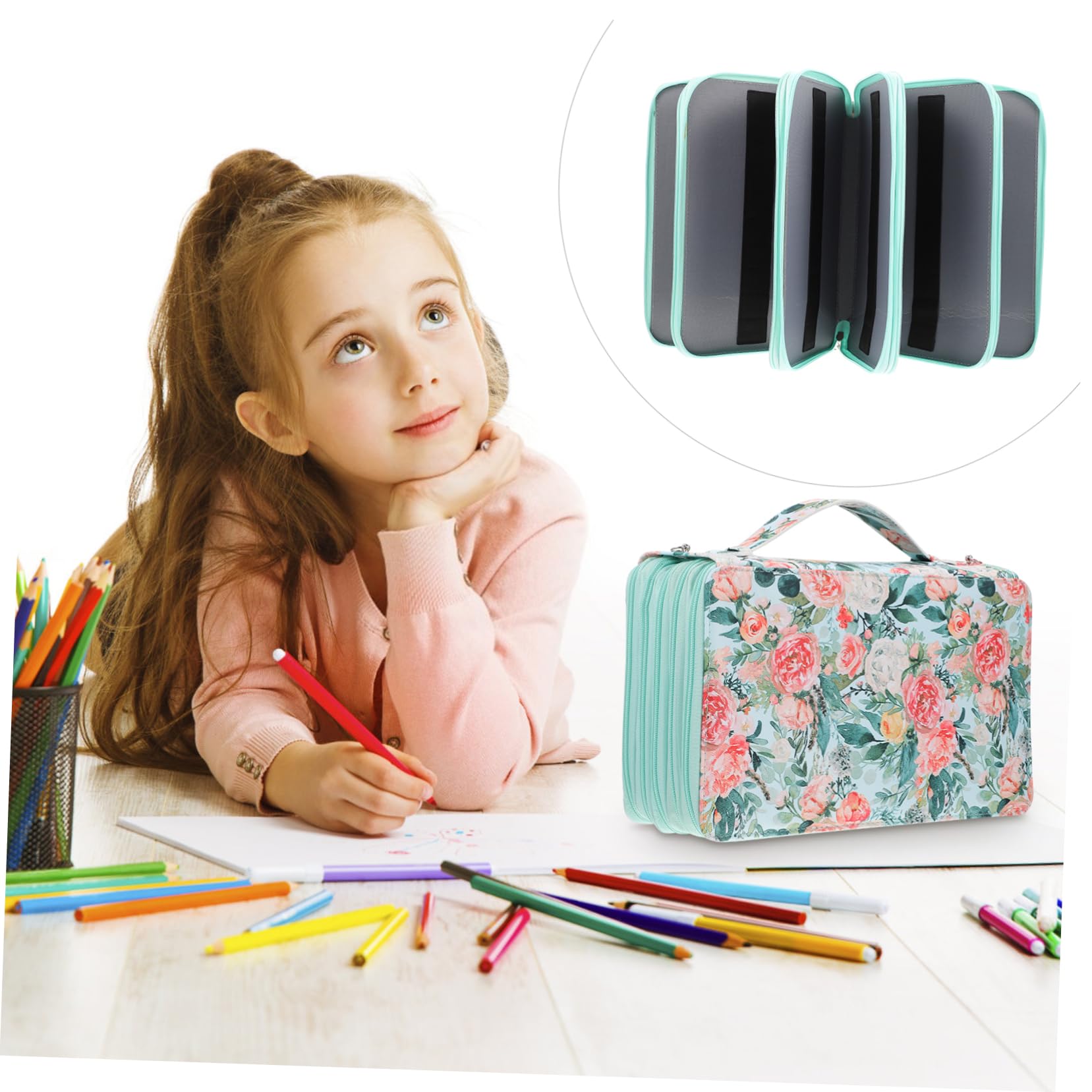 Housoutil Astuccio Portapenne Multistrato Maniglia, Grande Capienza | Tessuto Oxford Verde, Anelli Elastici Interni, per Scuola e Ufficio, Borsa Cancelleria Portatile
