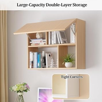 Floating Storage Shelf with Flip-Up Door, Double Layer Wall Cabinet, Wall Cabinet Storage Over The Desk or Sofa for Bedroom, Living Room, Kitchen, Office(B)