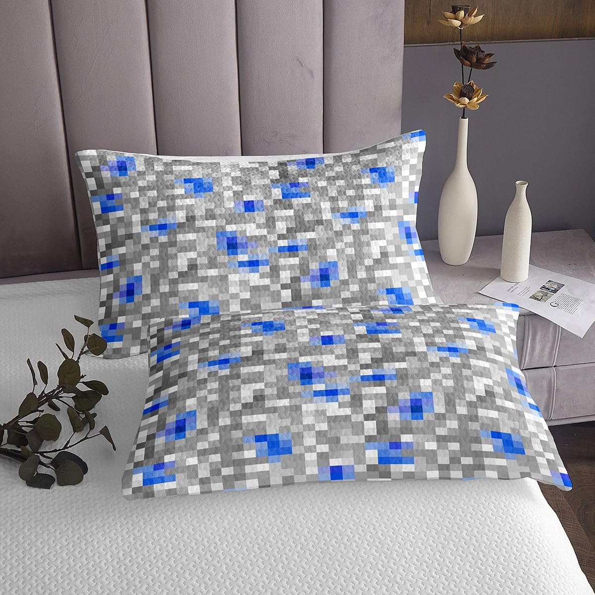 Szaro-niebieska pled w kratkę, 2 sztuki, motyw gry, dla dzieci, nastolatków, dorosłych, abstrakcyjna geometryczna patchwork, dekoracja, zestaw pościeli, rozmiar S