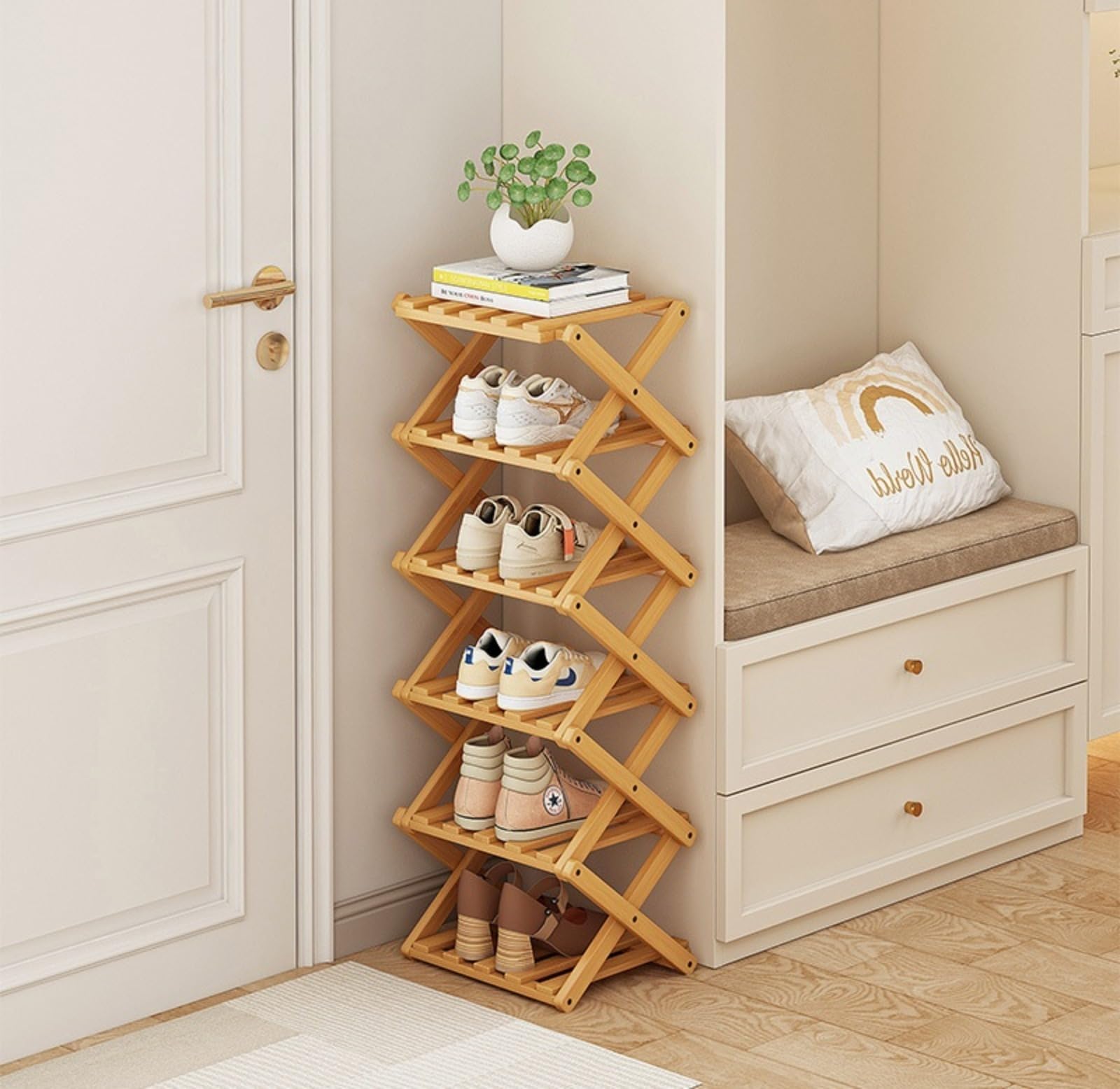 Zapatero Plegable pequeño, Zapatero Vertical Estrecho y Alto, Estantería Plegable de Bambú para Zapatos, Estanteria para Entrada, Armario, Dormitorio, Pasillo Natural, Funcional, Multifuncional
