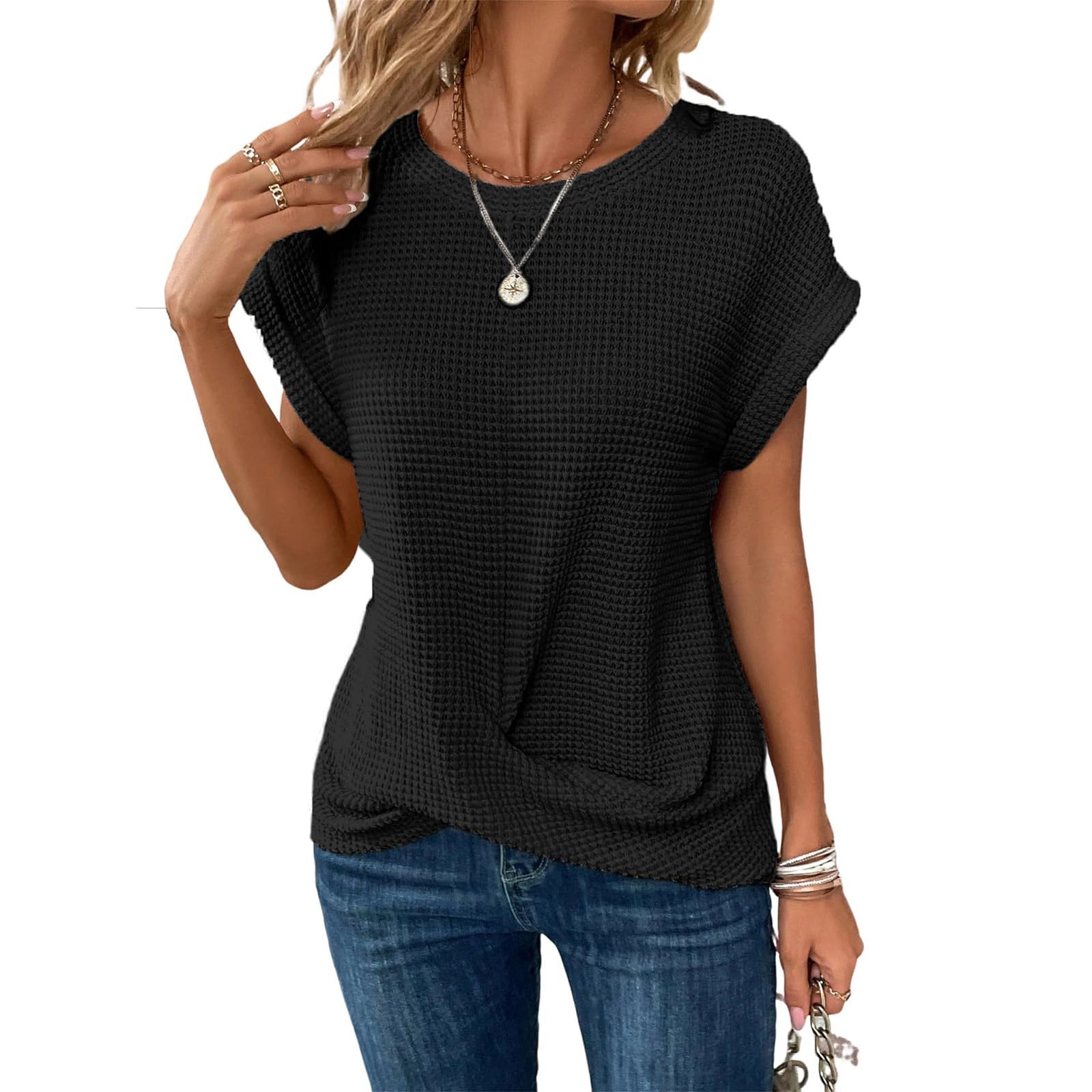 Womens Solid Batwing Sleeve Cross Wrap Hem T Shirts Casual Trendy Fitted Tee Tops Cap Sleeve Knit Sweater Tops