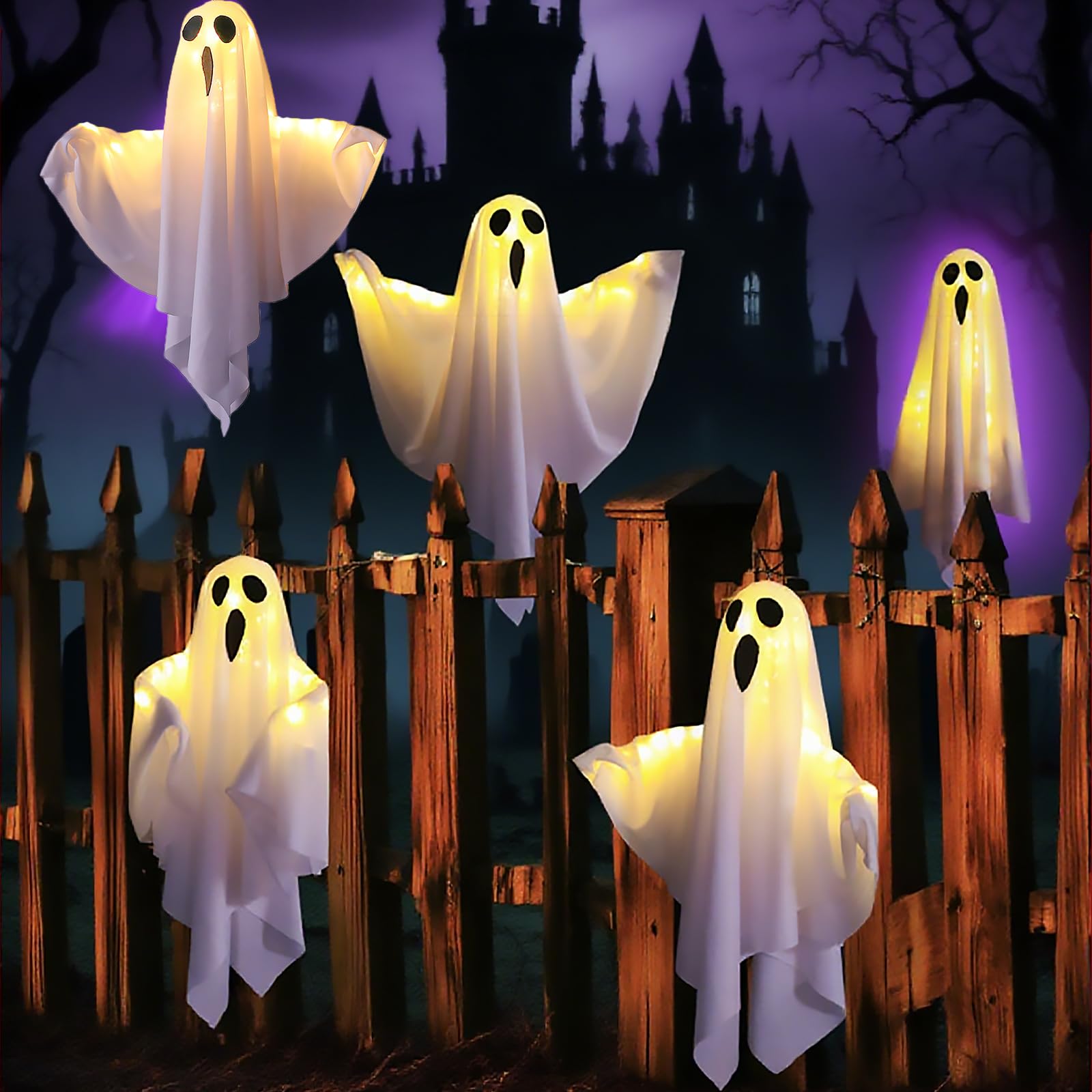 Decoración de Halloween con espíritus LED [Set de 2] - Saco de viento espeluznante móvil con 3 modos de luz LED, decoración para interiores y exteriores de jardín, ventanas, patio, porche