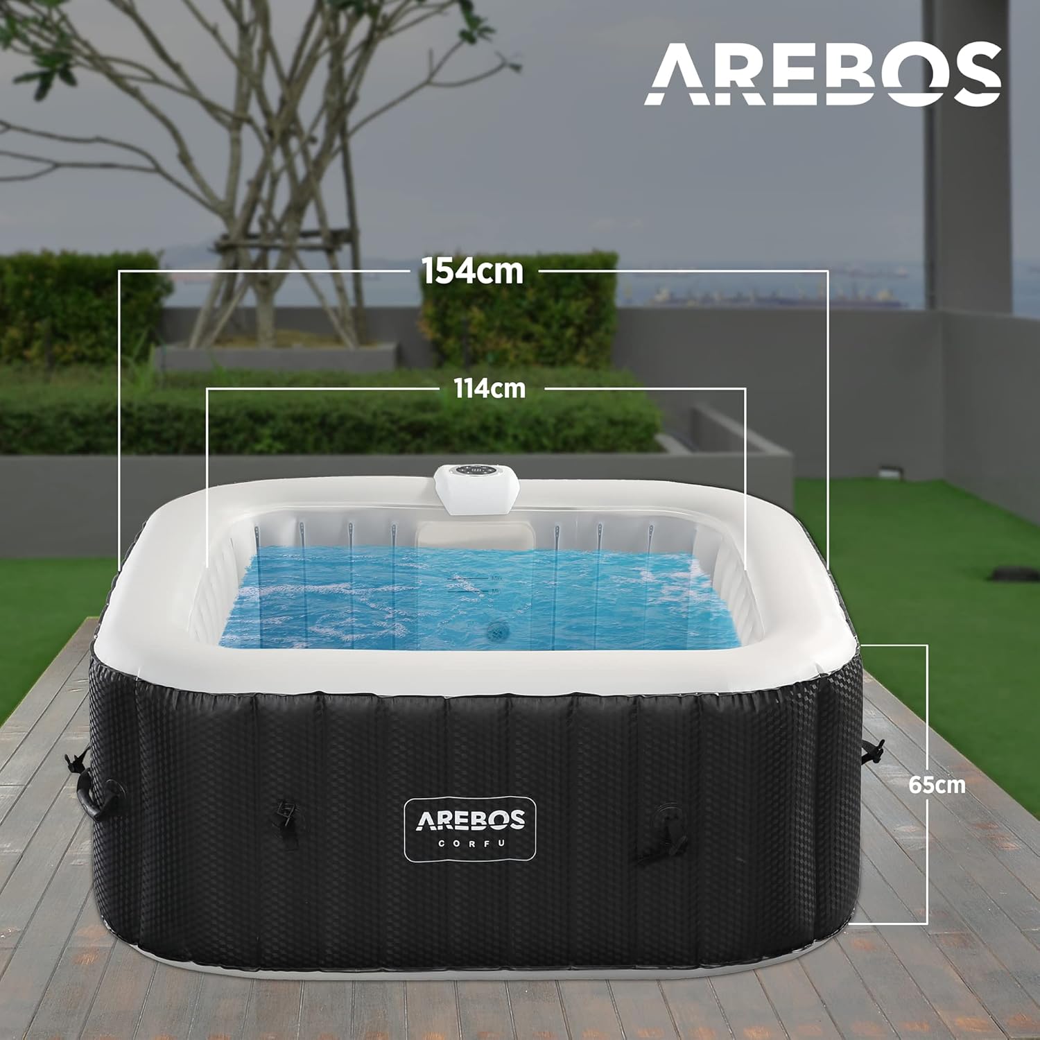 Diagram showing the dimensions of the Arebos Inflatable Hot Tub