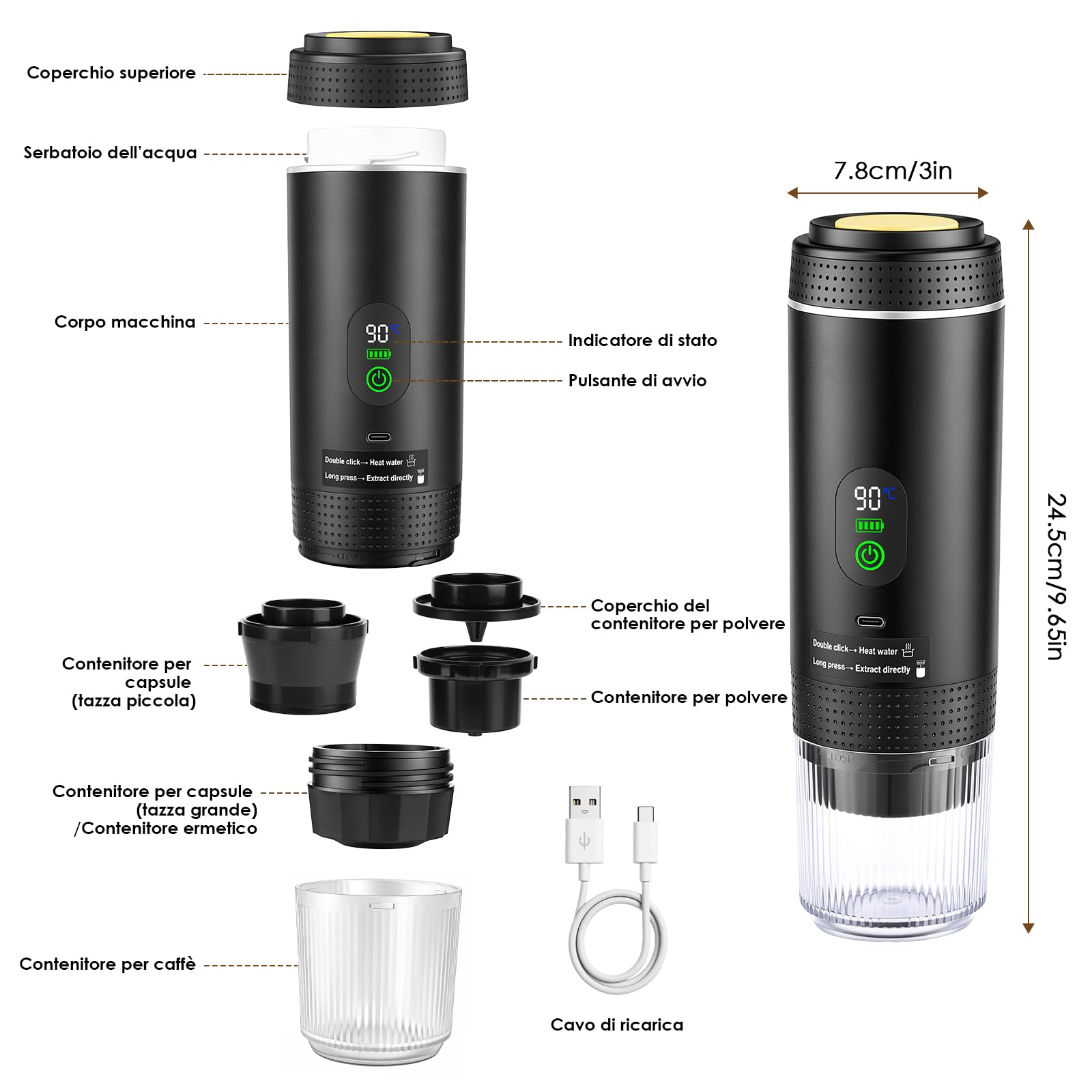 Dreamhigh® Macchina Caffè Portatile 7500mAh, Mini Macchina Espresso Portatile da Viaggio con USB Type-C & Display LED, Espresso 20 Bar per Capsule & Caffè Macinato, Ideale per Camping e Viaggi