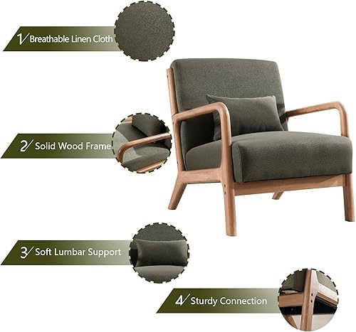 Miniatura 3 de INZOY - Sillón decorativo de mediados de siglo con estructura de madera, tapizados, para sala de estar, con cojín para la cintura, sillón de lectura