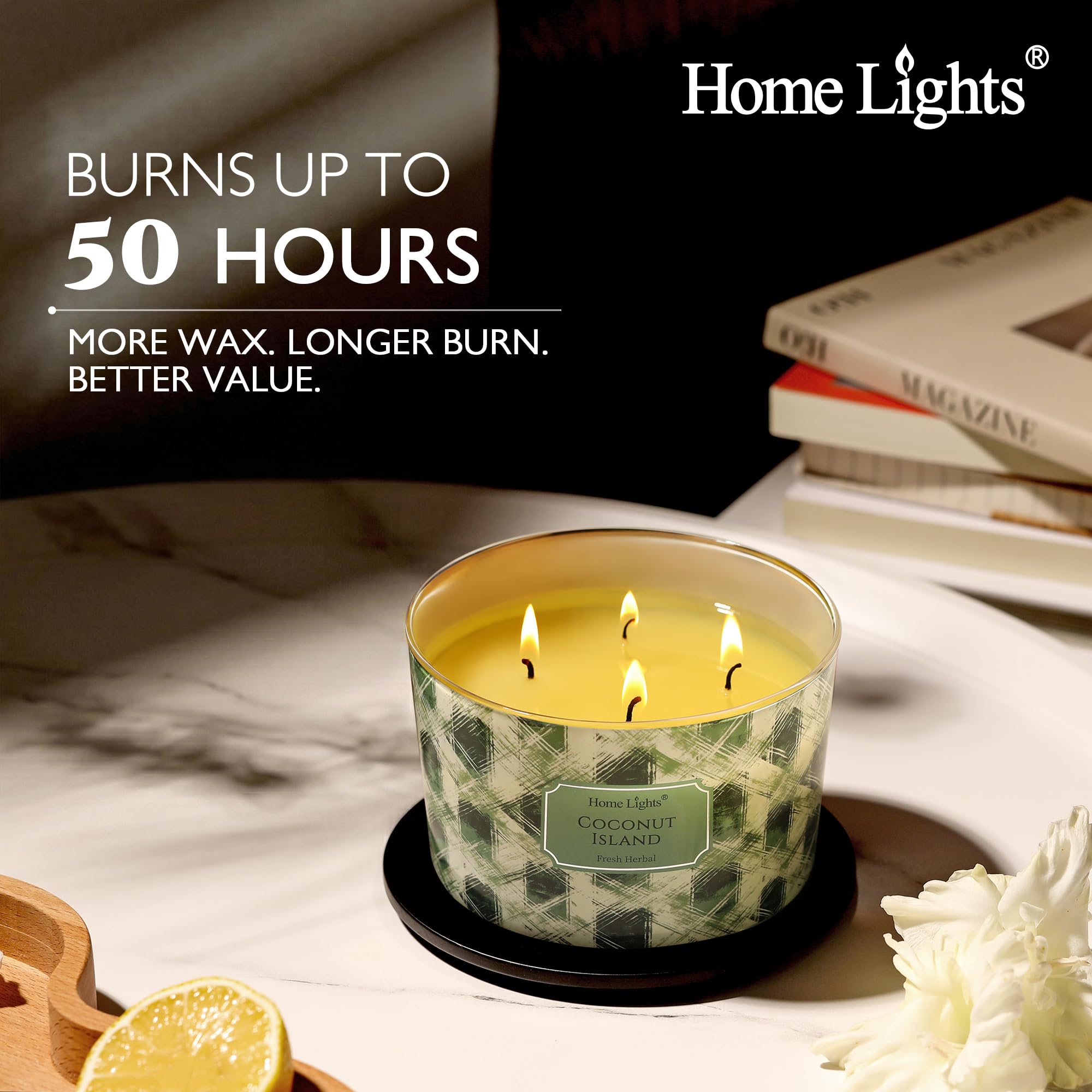 HomeLights Candela in barattolo grande 4 stoppini, candela profumata in cera di soia naturale da 510g Fresh Herbal (Isola del Cocco)
