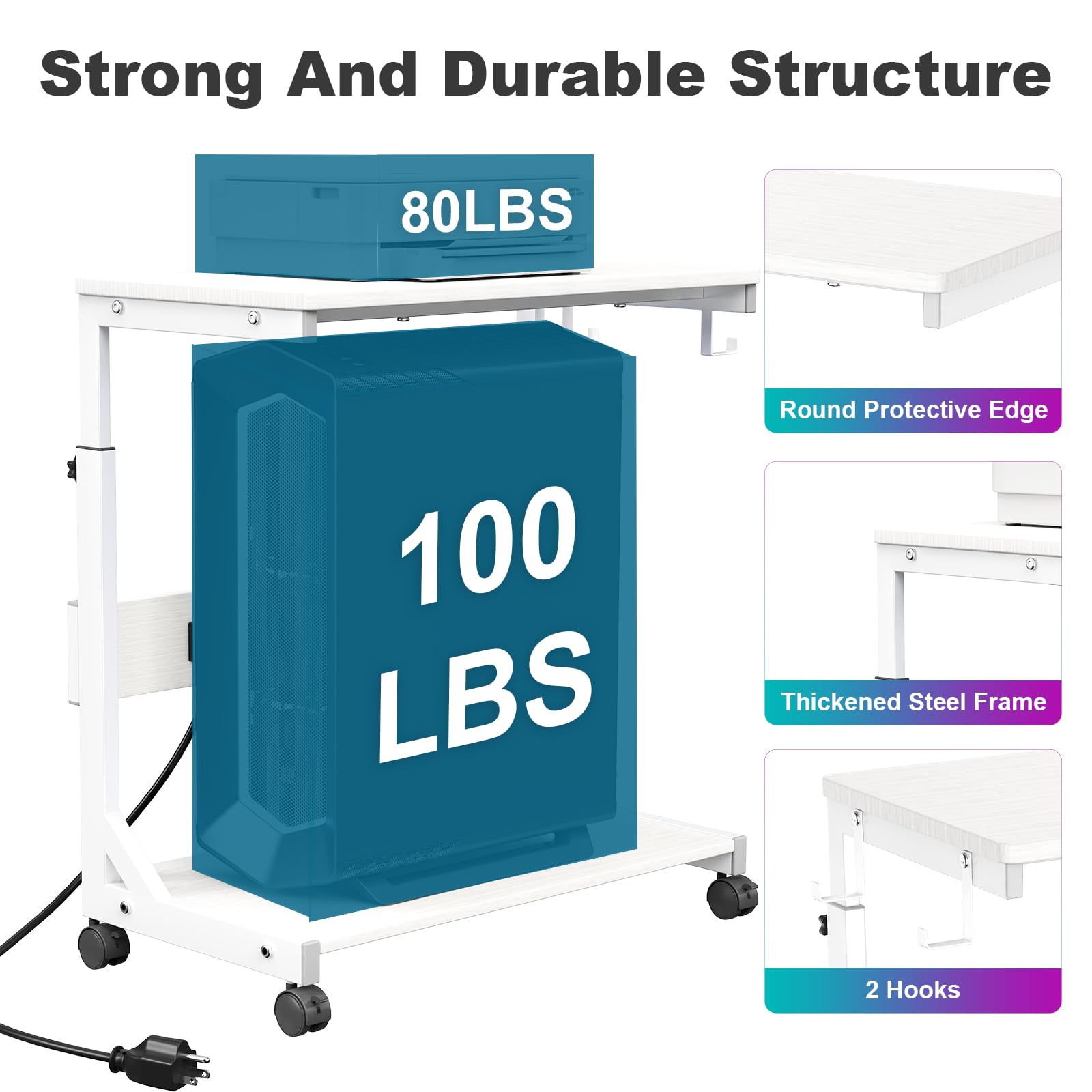 Height Adjustable Computer Tower Stand with Charge Station and USB Charging Port 2-Tier ATX-Case Cart Under Desk Mobile — view 6