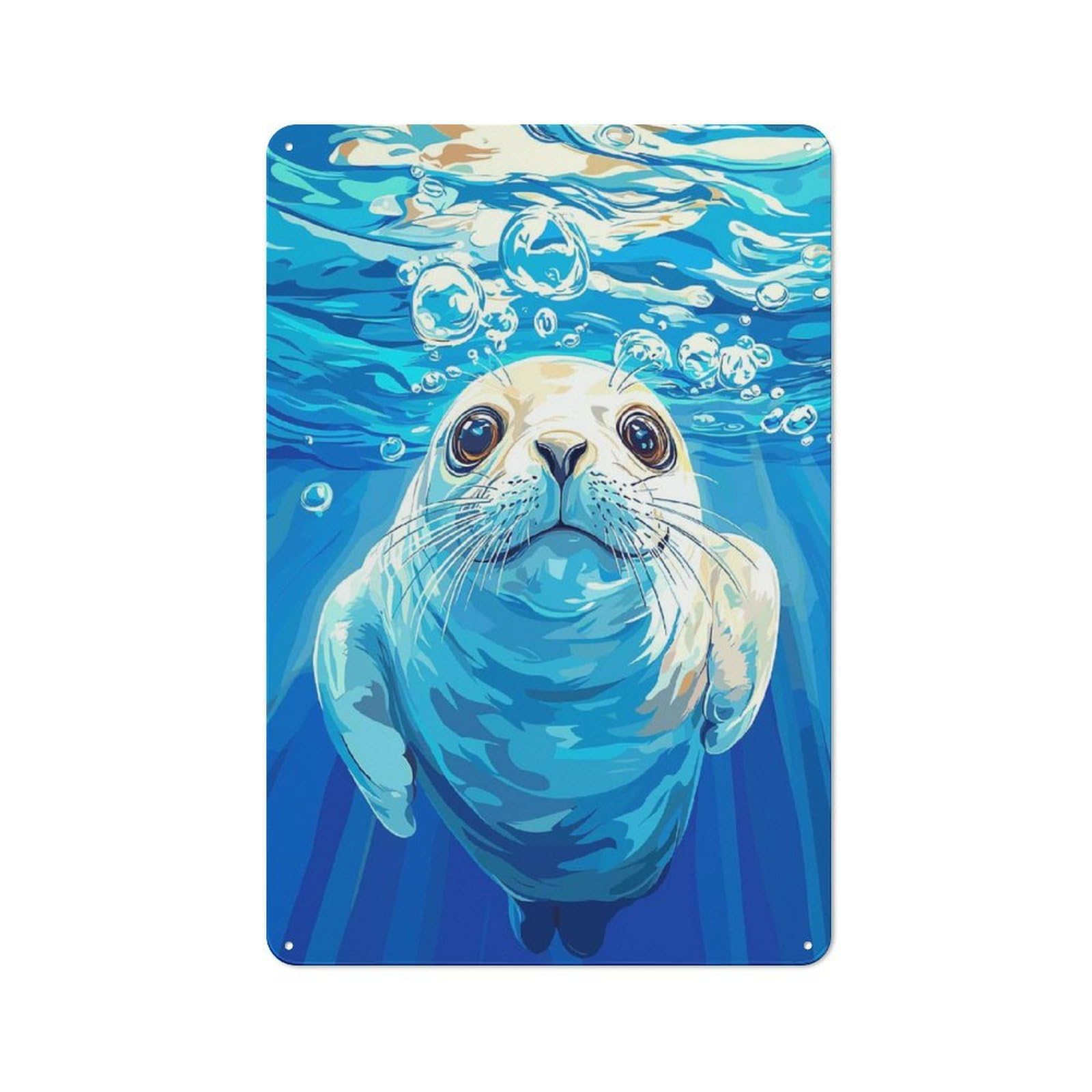 Junmoney Style-10 For Lounge Or Reading Corner, Seal Underwater With Bubbles Illustration Retro Tin Sign 30X20cm, Gift For Reading Corner Decorators During The Christmas Season