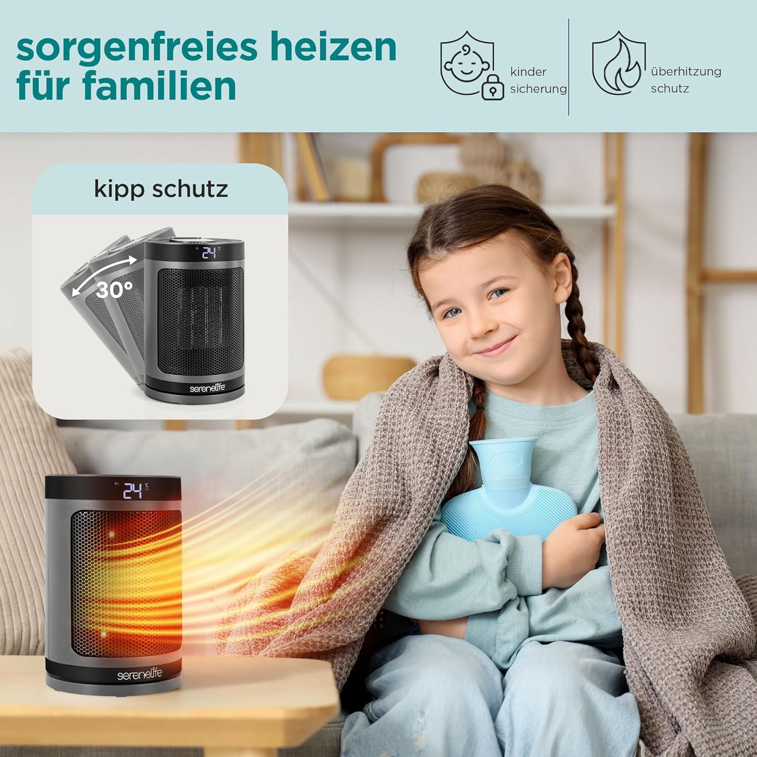 SereneLife Heizlüfter 1500W PTC Keramik, Leise & Energiesparend, WiFi Thermostat mit Fernbedienung, 70° Oszillation