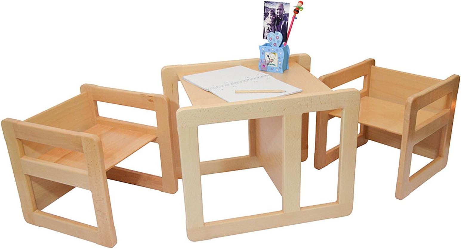 3 in 1 Children's Multifunctional Montessori Furniture Set of 3, Two Small Chairs or Tables and One Large Chair or Table Beech Wood, Natural