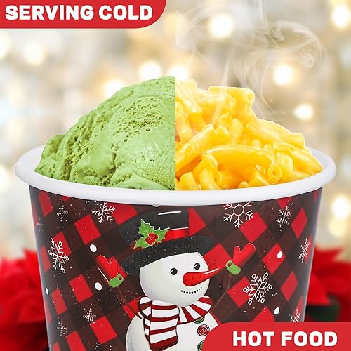 Miniatura 3 de Whaline 50 tazas de aperitivos de Navidad desechables a cuadros negros y rojos, cuencos de papel de helado de 9 onzas, copos de nieve de Navidad,
