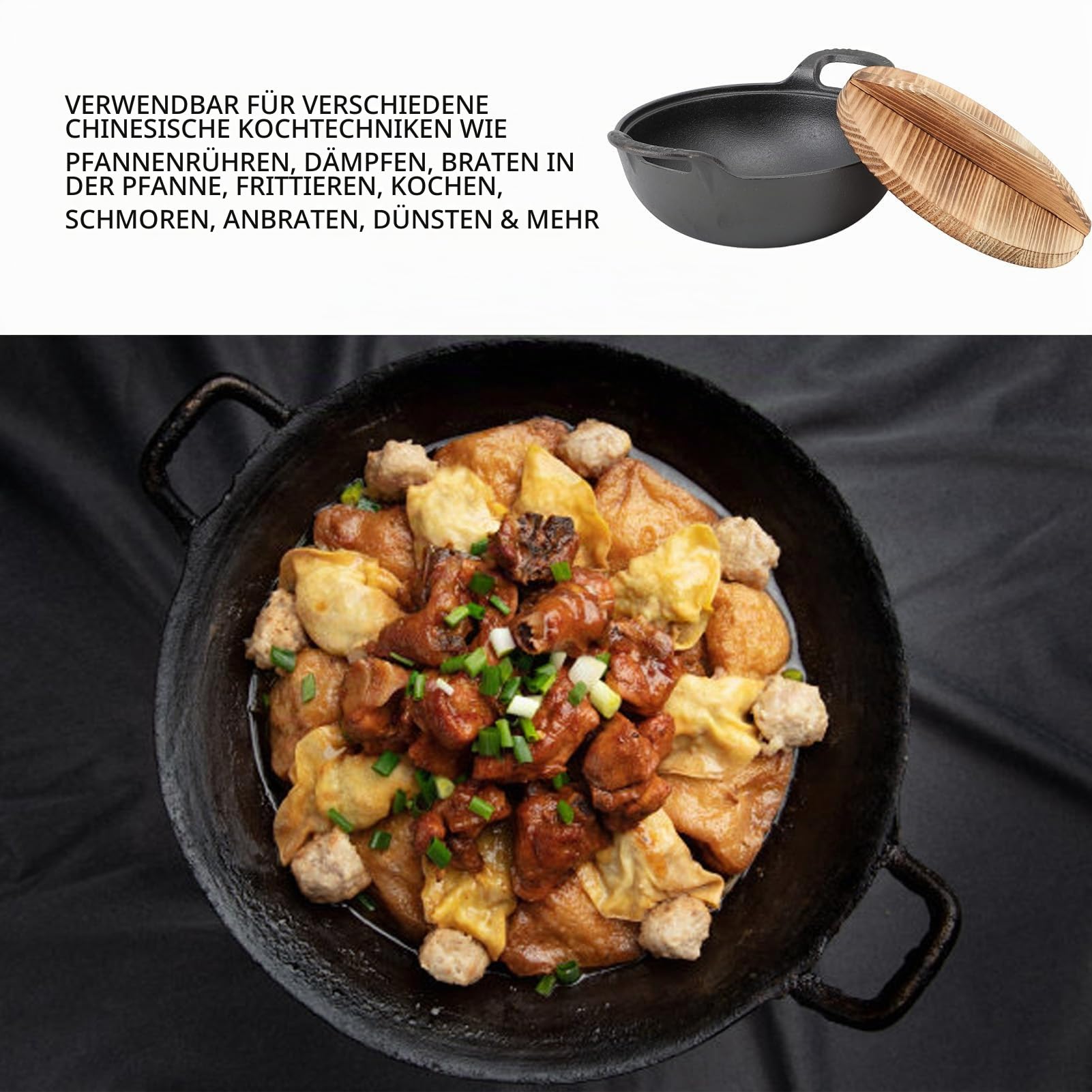 Wokpfanne GusseisenWok mit 2 Griffen, Holzdeckel, holidyoyo gusseisen Bratpfanne mit flachem Boden, WokPfanne mit Deckel unbeschichtet, zum Rhren Frittieren Grillen (20cm)