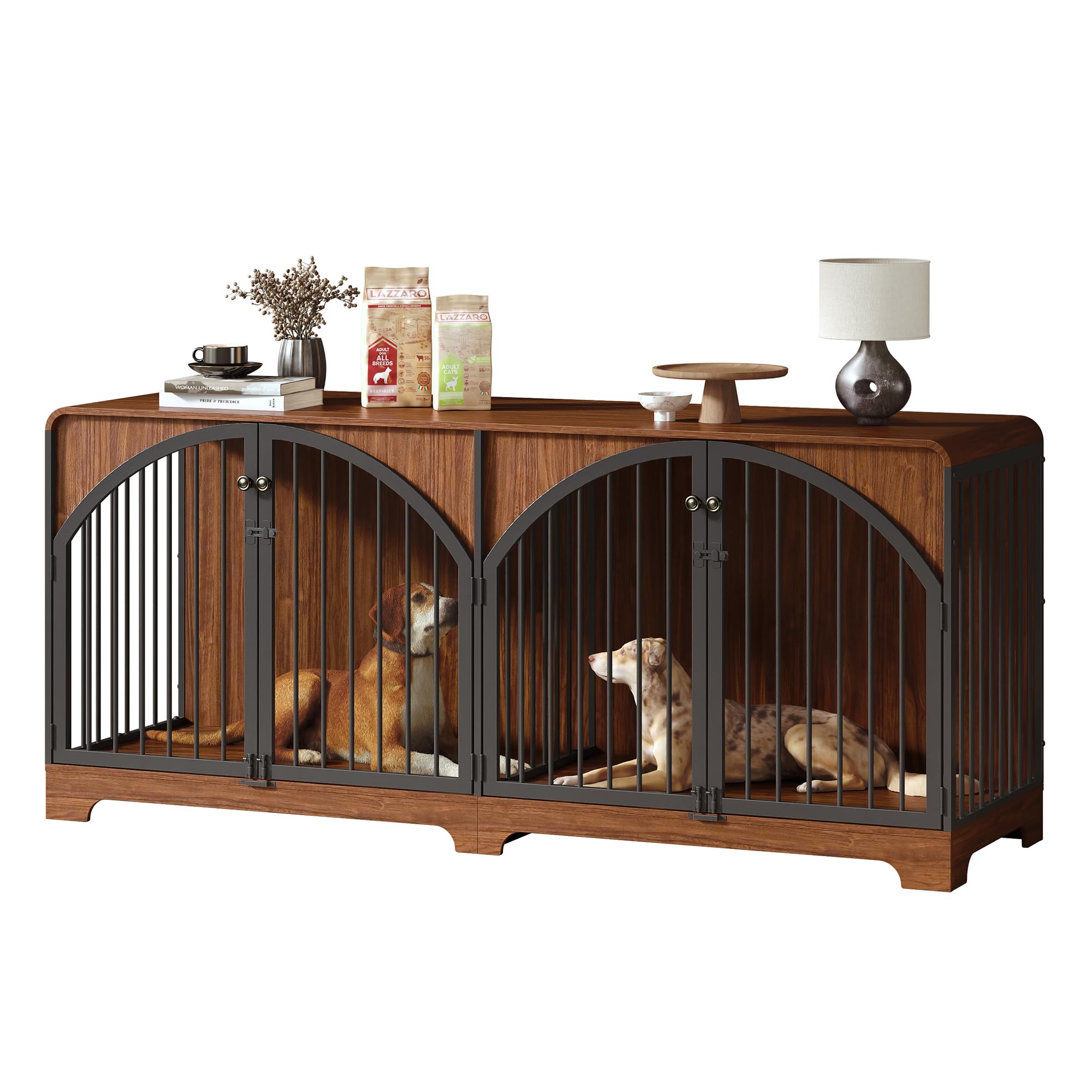 78" Farmhouse Dog Crate Furniture for 2 Large Dogs,Double Door Wooden Dog Kennel with Divider, Decorative Pet House End TV Stand for Living Room,Retro Brown