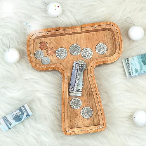 Miniatura 214 de Alcancía para niños y niñas, alcancía grande de madera personalizada con diseño recortado, bancos de monedas con letras del alfabeto, caja de ahorro