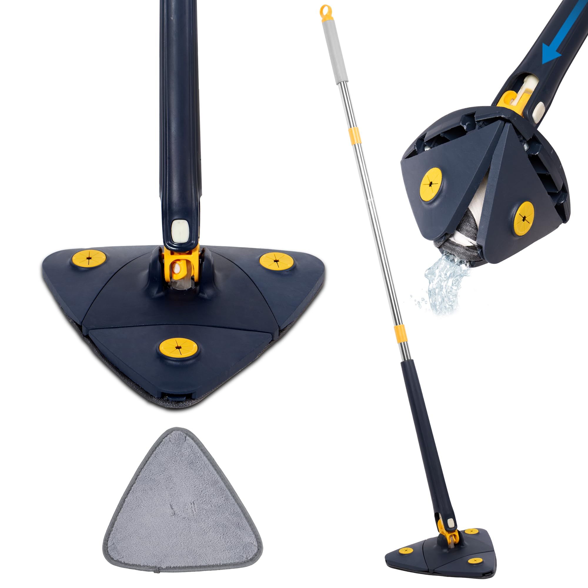 ASAB Triangular Cleaning Mop 360° Rotating Head Mop for Cleaning Walls Replacement Absorbent Microfibre Pad Wet Dry Cleaning Water Squeezing with Telescopic Handle Triangle Floor Window,Blue, 27x130cm