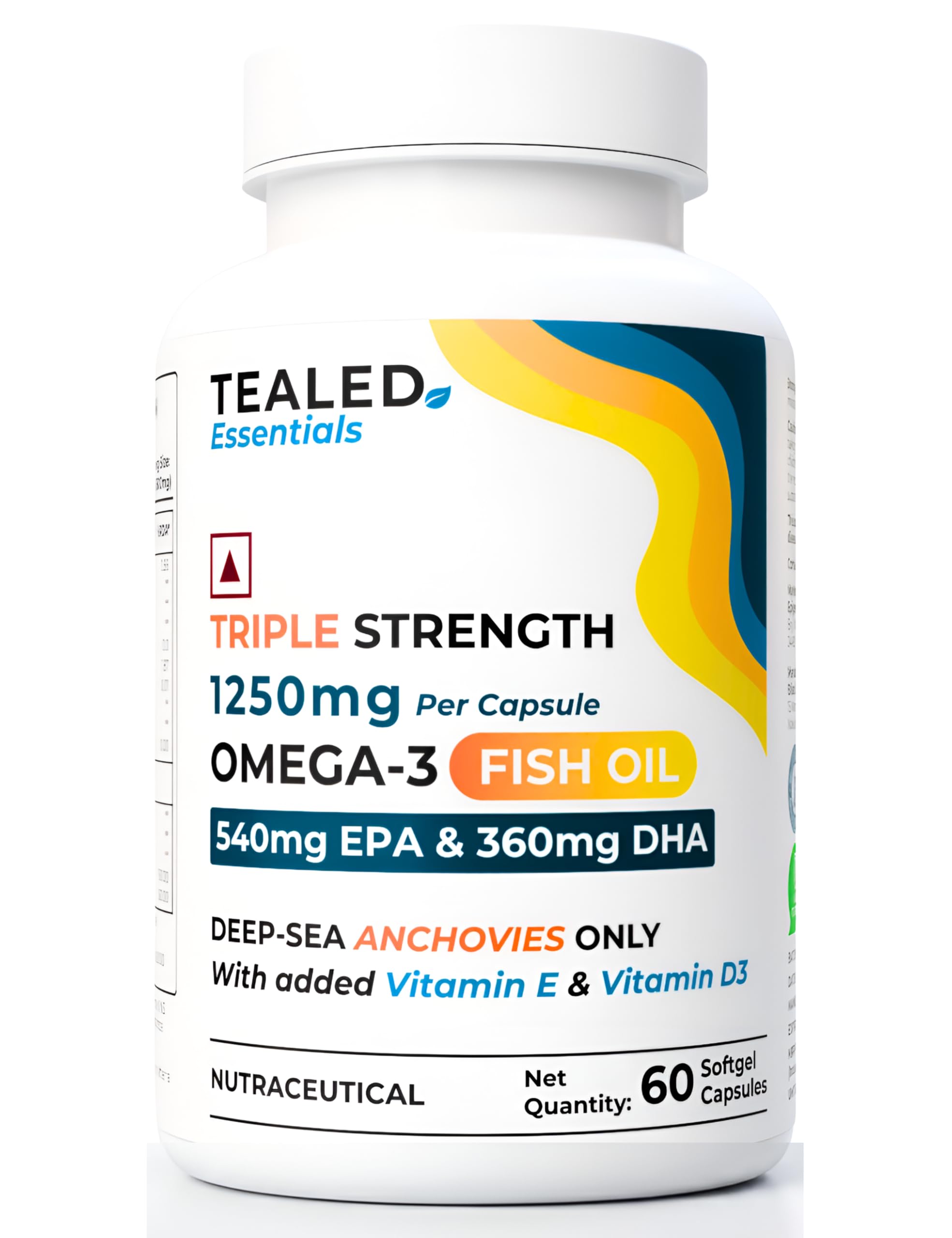 Tealed Omega 3 Fish Oil 1250Mg | Triple Strength 540Mg EPA & 360Mg DHA with Vitamin D3 & E | Deep Sea Anchovies | Lab Tested | 60 Lemon Flavour Softgels-image-3