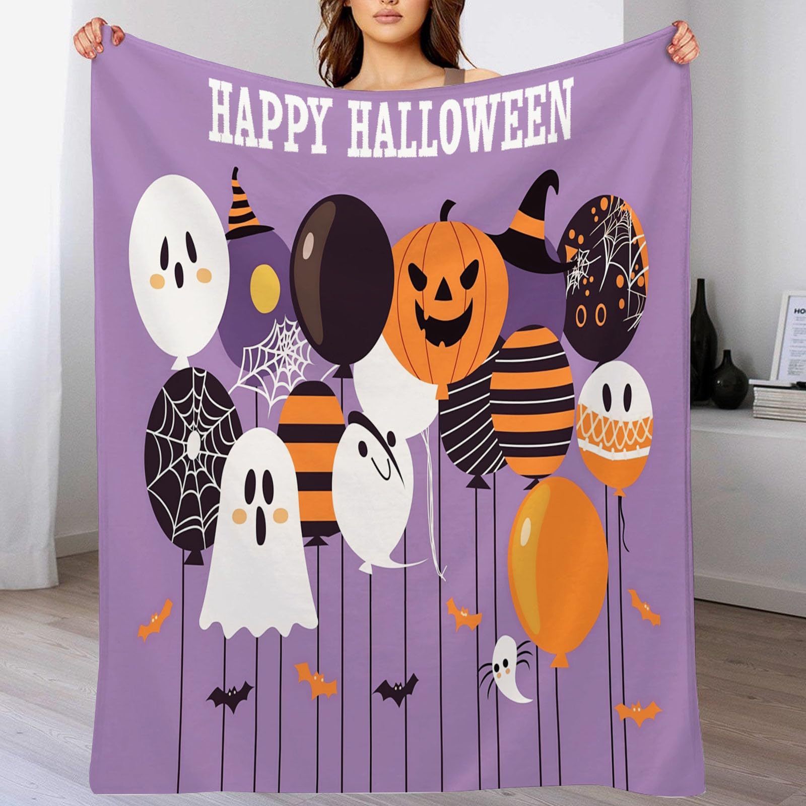 Plaid en flanelle couverture douce moelleuse chaude décoration lit canapé orange Halloween