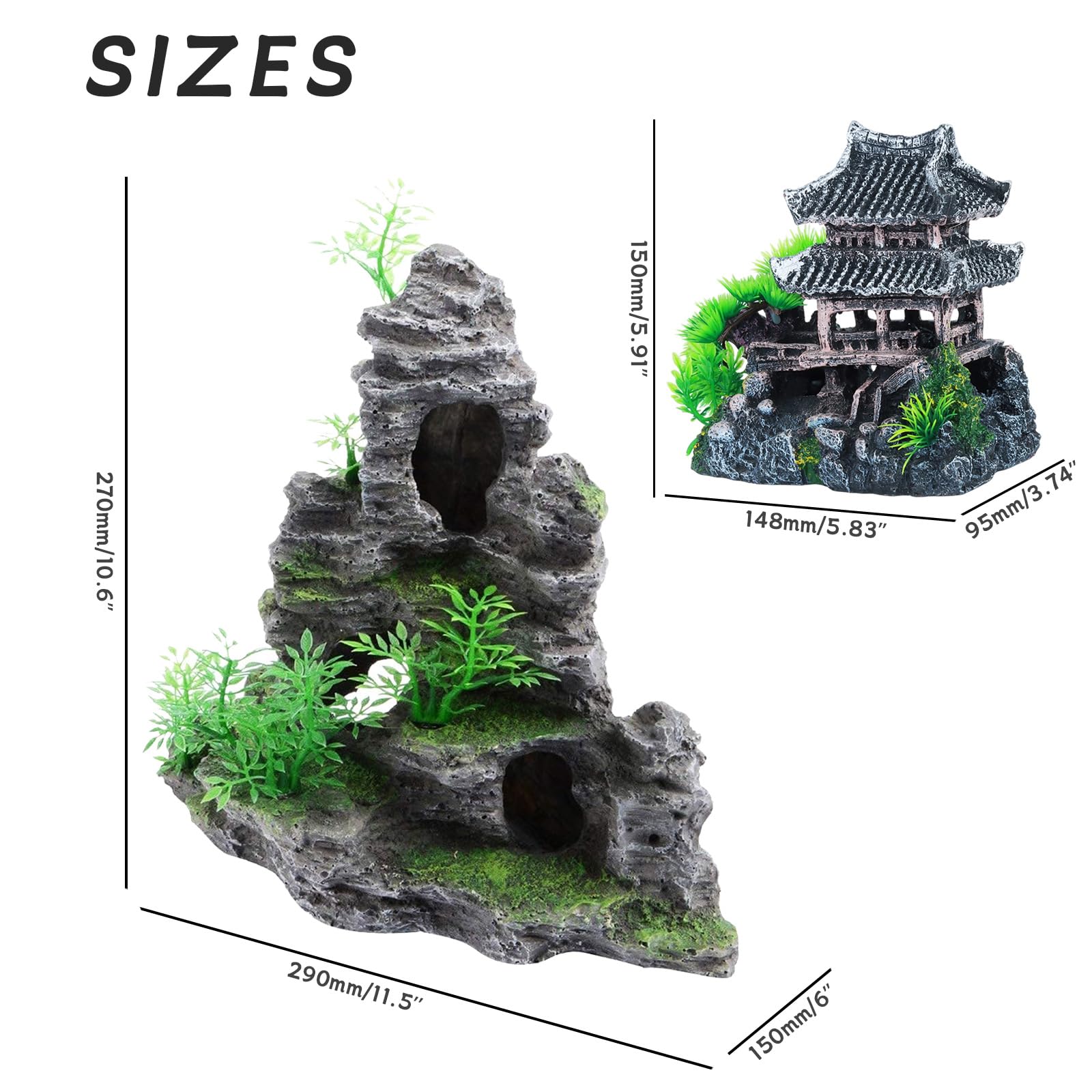 Saim Grande decorazione per acquario con vista sulle montagne, ponte per caverna, modello Aquascape per pesci dorati, nascondiglio per ciclidi Betta (pietra grande e tempio)