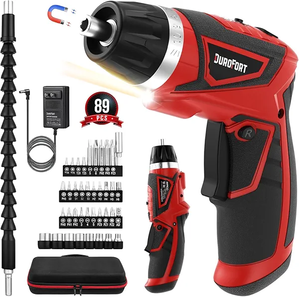 DuroFort Cordless Electric Screwdriver Set, 8V 10Nm Rechargeable Power Electric Drill, Battery Screw Gun with Driver Bit, 320RPM/10+1 Torque, 2 Position Handle, Flexible Shaft LED Light (Red, 89Pcs)