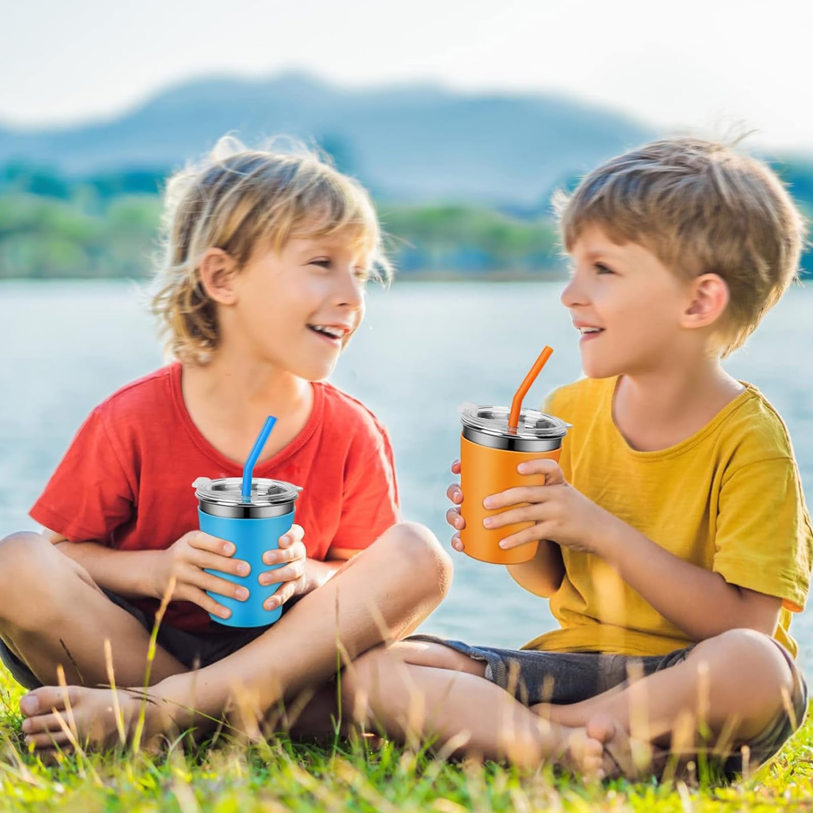5 Stück Edelstahl Trinkbecher mit Deckel und Strohhalmen, 350 ml Edelstahlbecher Kinder Wiederverwendbarer, Trinklernbecher Edelstahl Unbreakable mit Silikonhülse für Kinder Erwachsene