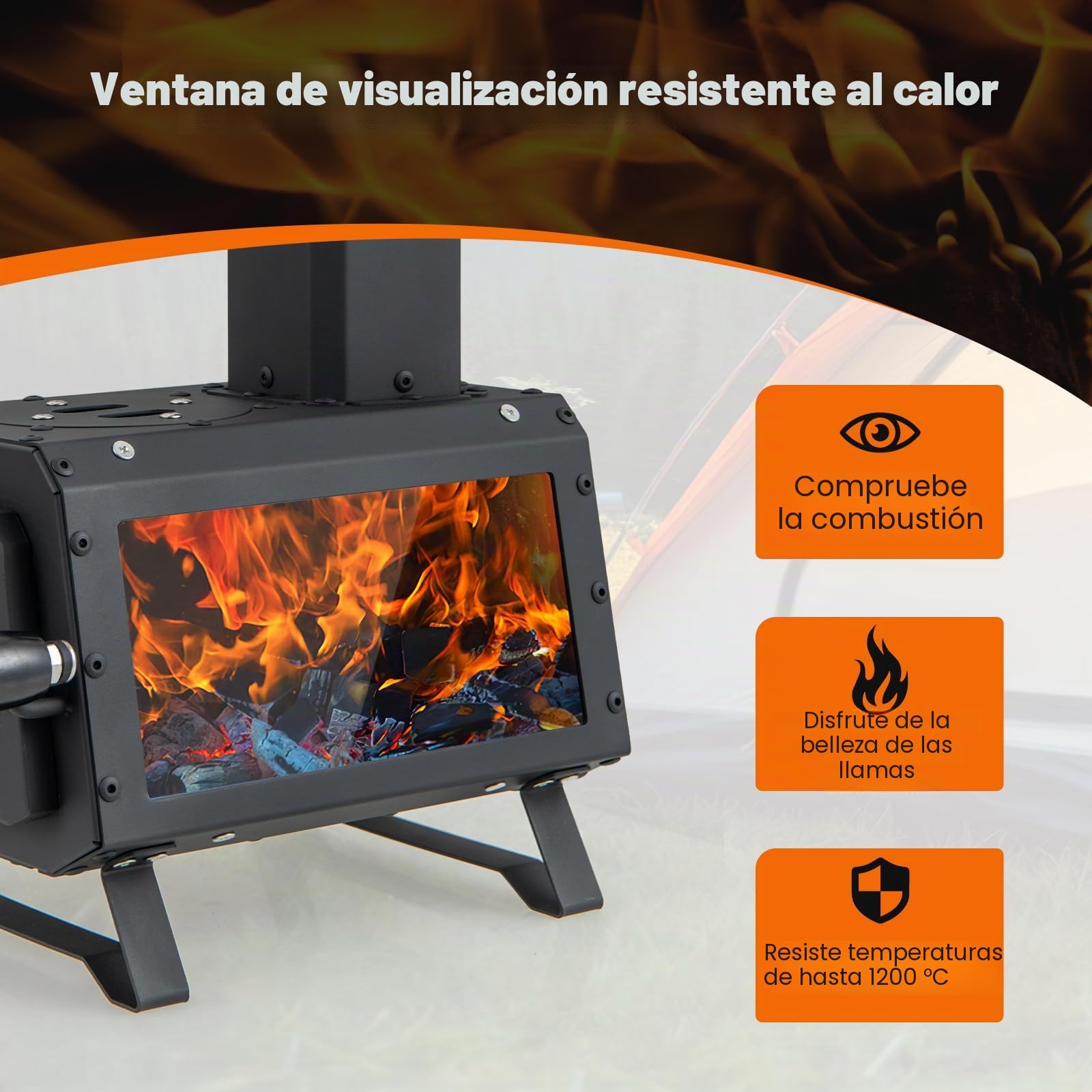 GYMAX Estufa de Leña, Estufa Portátil para Camping con 2 Posiciones de Cocción， 3 Ventilaciones de Aire, Ventana Visual Grande, para Cocinar y Calentar al Aire Libre