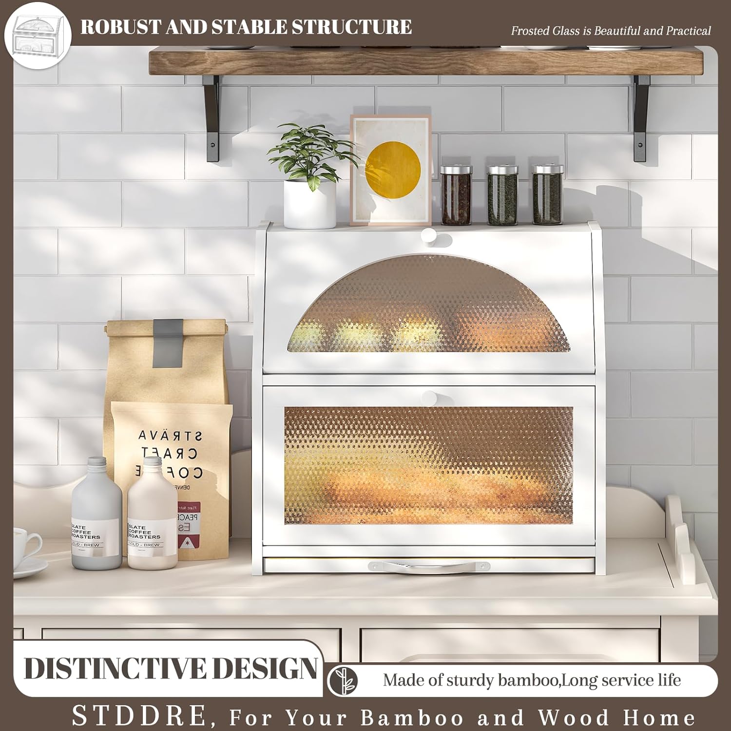 Bamboo Bread Box with Cutting Board, Double Layer Extra Large Bread Storage Bin with Door Panel for Kitchen Counter (White)