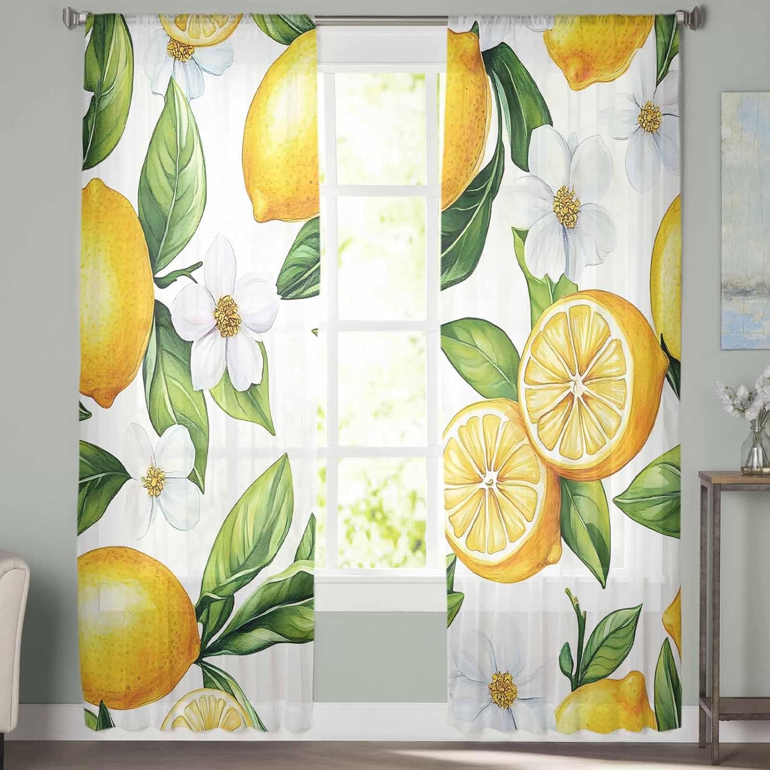 Summer Lemon Sheer Curtains 84 inches Long 2 Panels Set Lemon Jasmine Floral Leaves Watercolor Fruit Sheer Window Curtain Farmhouse Rod Pocket Voile Drapes for Living Room/Bedroom, Each 52" W x 84" L
