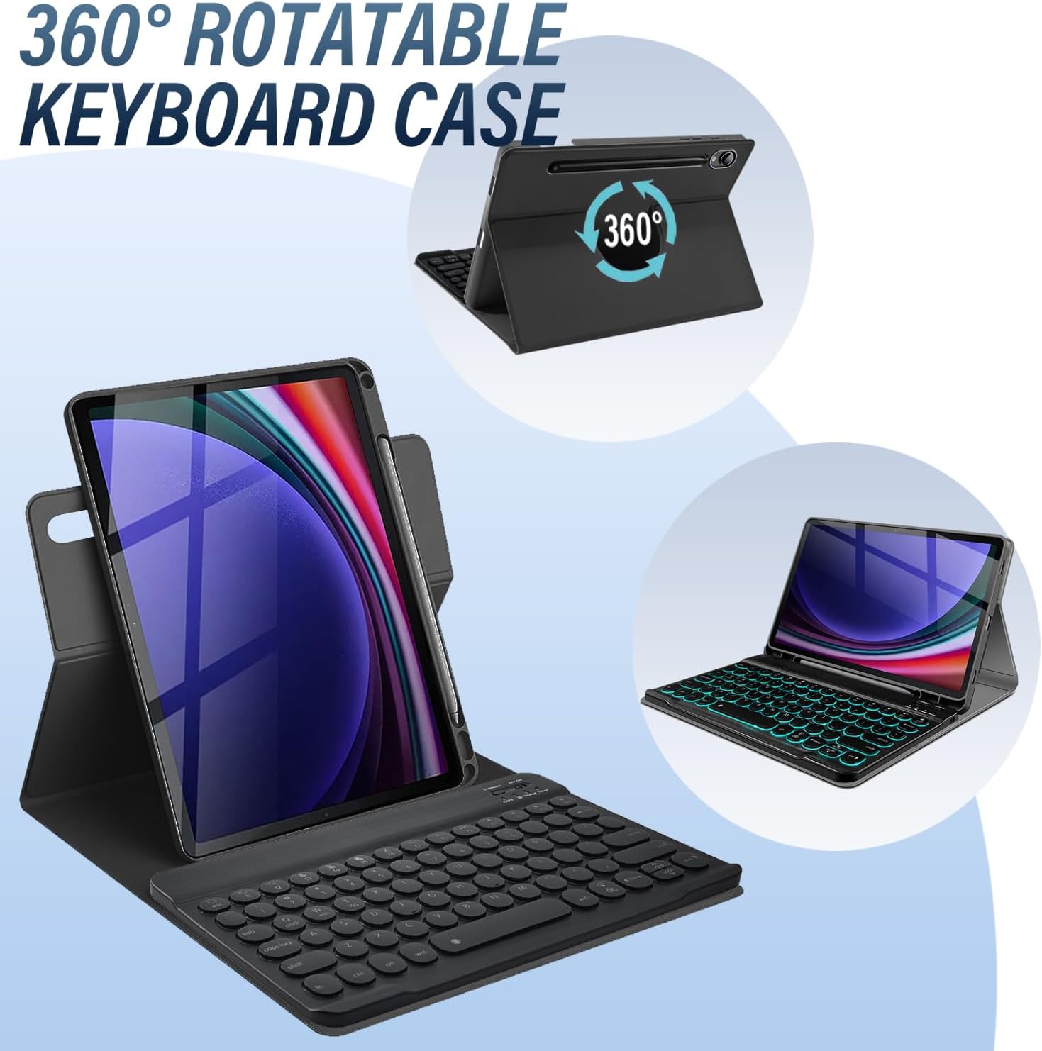 Backlit Keyboard Case for Samsung Galaxy Tab S10 Lite/ S10 FE/ S9 FE 5G 10.9 Inch/Tab S9 11 Inch, 7 Color Light Detachable Wireless Keyboard with 360 Rotatable PU Case