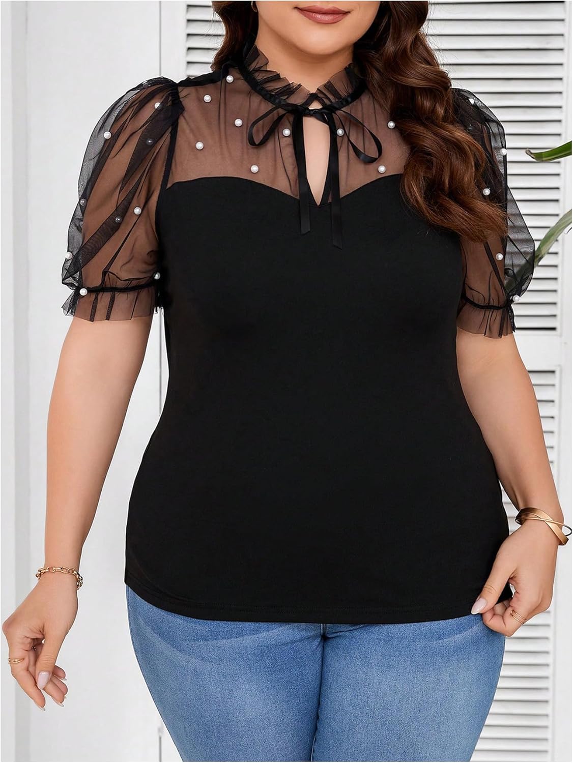 WDIRARA Women's Plus Size Mesh Patchwork Pearls Blouse Tie Neck Puff Short Sleeve Top - Image 5