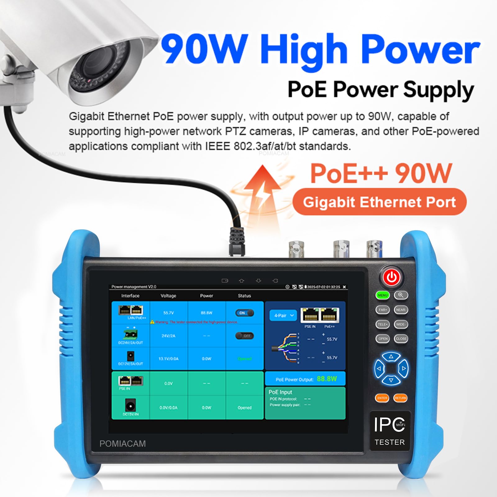 Tester CCTV 8K H.265 IP Camera Tester Monitor per telecamera TVI/CVI/AHD/SDI/CVBS da 8 MP con schermo da 7 pollici, con POE++ Max. 90 W, porta Gigabit SFP, ingresso/uscita HDMI, ingresso VGA