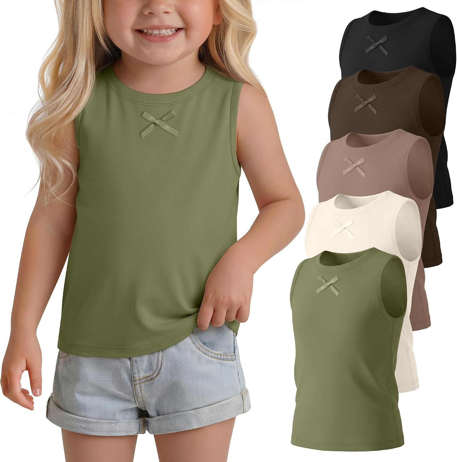5 Pack Toddler Girls Tank Tops Baby Sleeveless Crew Neck Shirts with Bow Kids Summer Cute Basic Undershirts 18M-5T