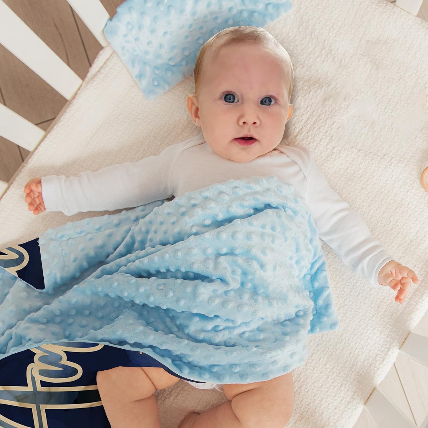 KAINSY Personalized Baby Blanket, Custom Name Baby Boy Girl Blanket, Dark Blue Double Layer Dotted Backing Receiving Swaddle Blanket, Customized Gift for Toddler Infant Newborn New Parents(47"x60")