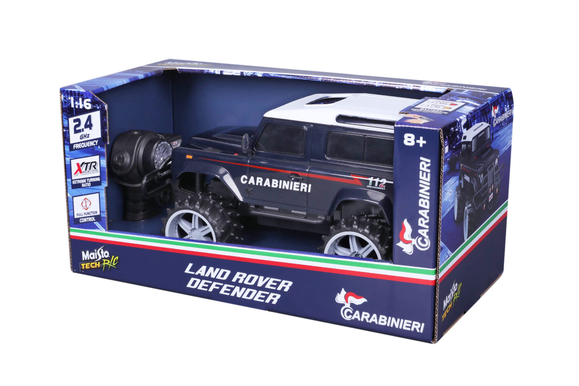 Maisto, RC Land Rover Defender Carabinieri 2,4 GHz 1:16, zdalnie sterowany samochód terenowy dla dzieci w wieku od 8 lat, baterie nie wchodzą w zakres dostawy