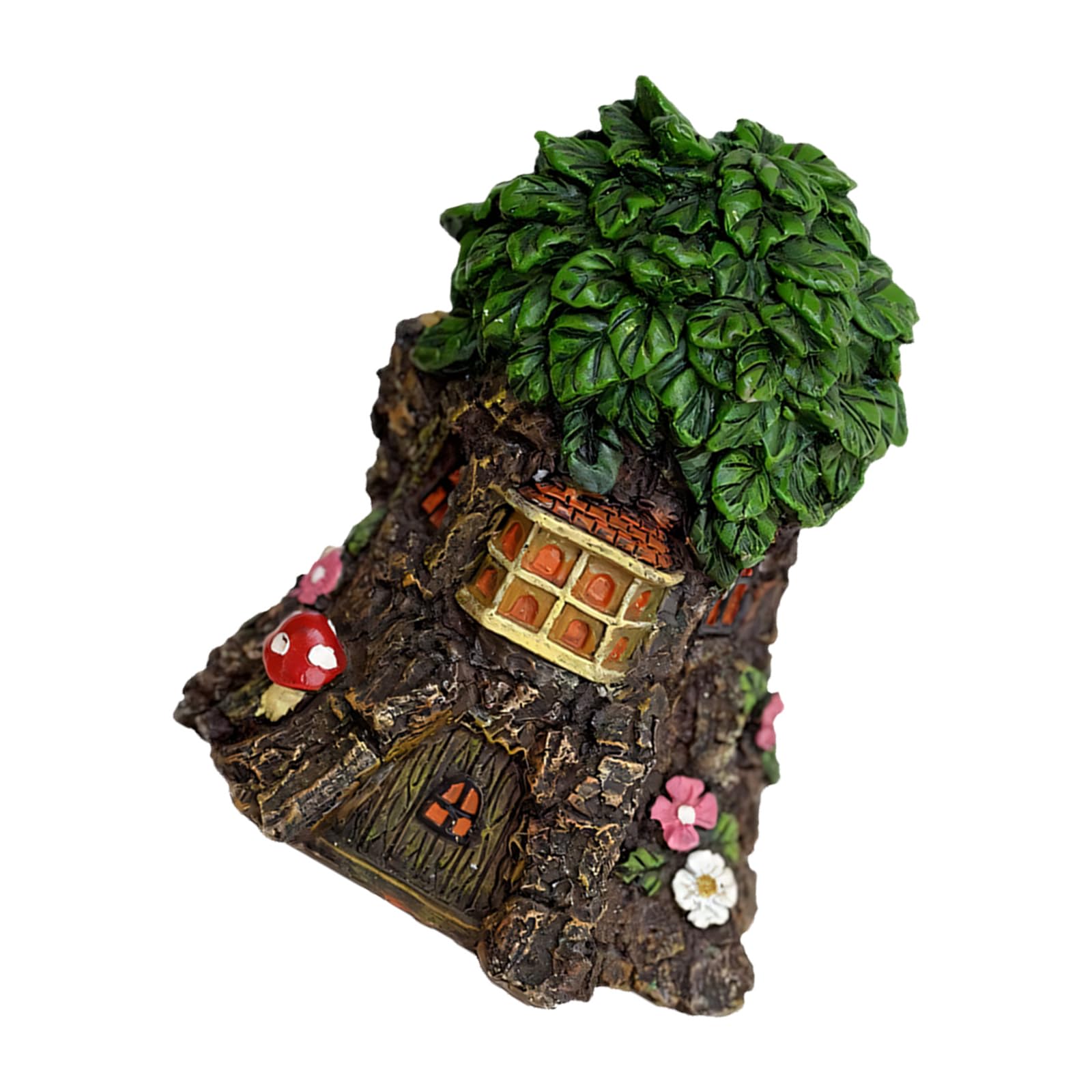 fexxkg Fairy Tree House Figurine Desk or Shelf Decor, Resin Accent with Storybook Window, Door and Mushroom for Small S