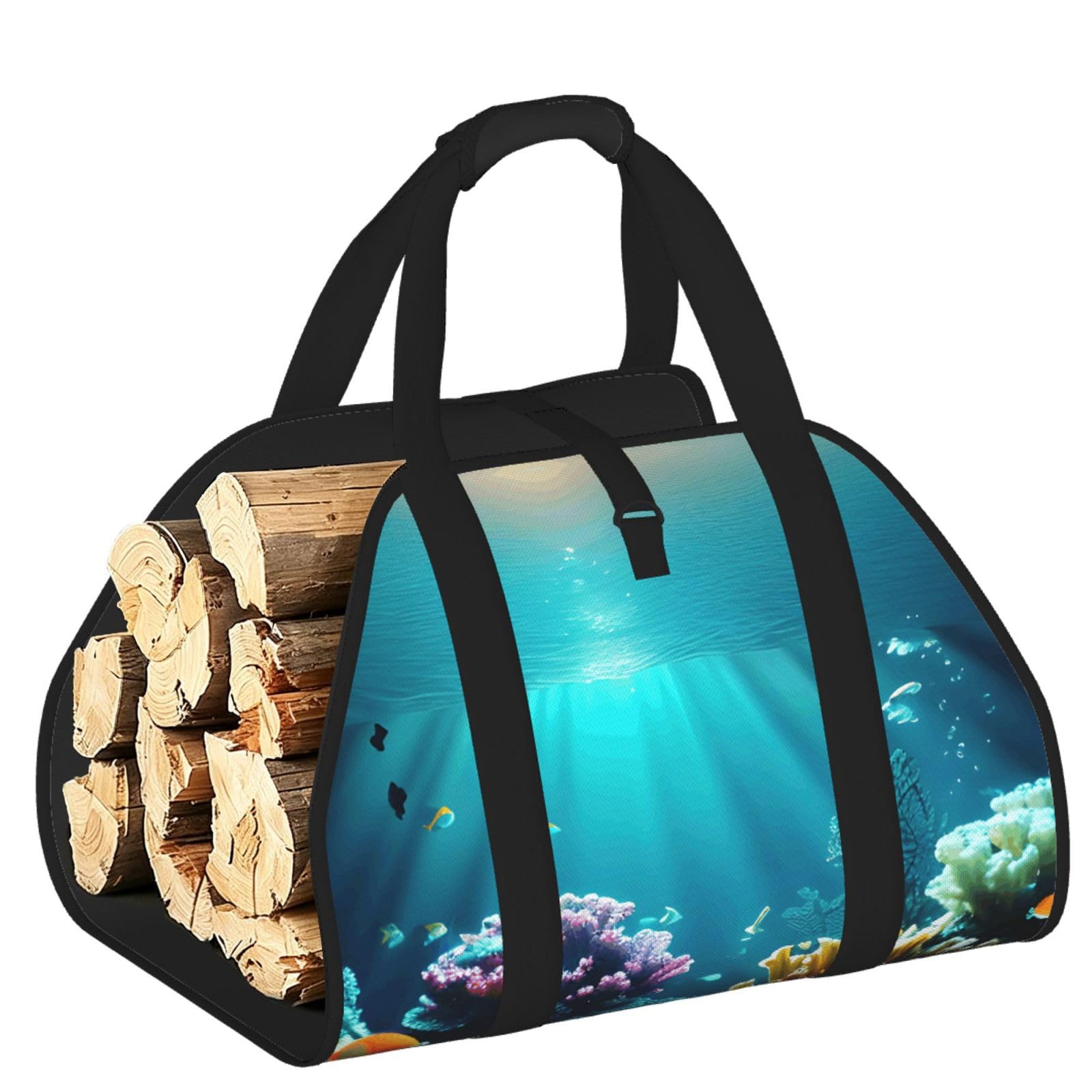 Underwater Scenery Printed Firewood Carrier Bag, Log Tote with Open-Ended Design for Camping Outdoor Wood Hauling