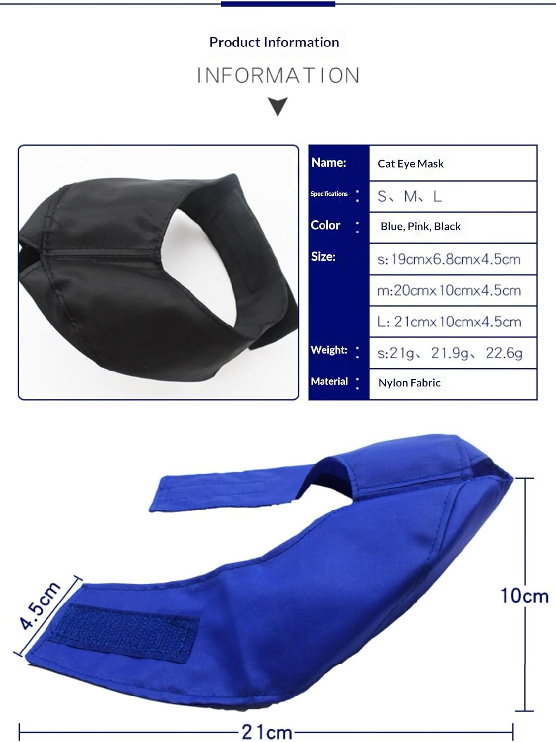 Cat Grooming Muzzle, Breathable Lightweight Nylon Restraint Bag with Adjustable Sticky Strap, Anti Bite Anti Meow Eye Mask for Kitten Nail Trimming & Bathing (Blue, L)