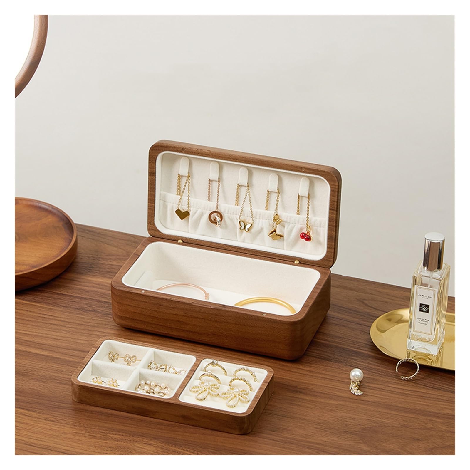 Grande boîte à bijoux en bois massif à double couche en noyer noir | Boîte de rangement de bureau portable de grande capacité, conception simple en bois massif.