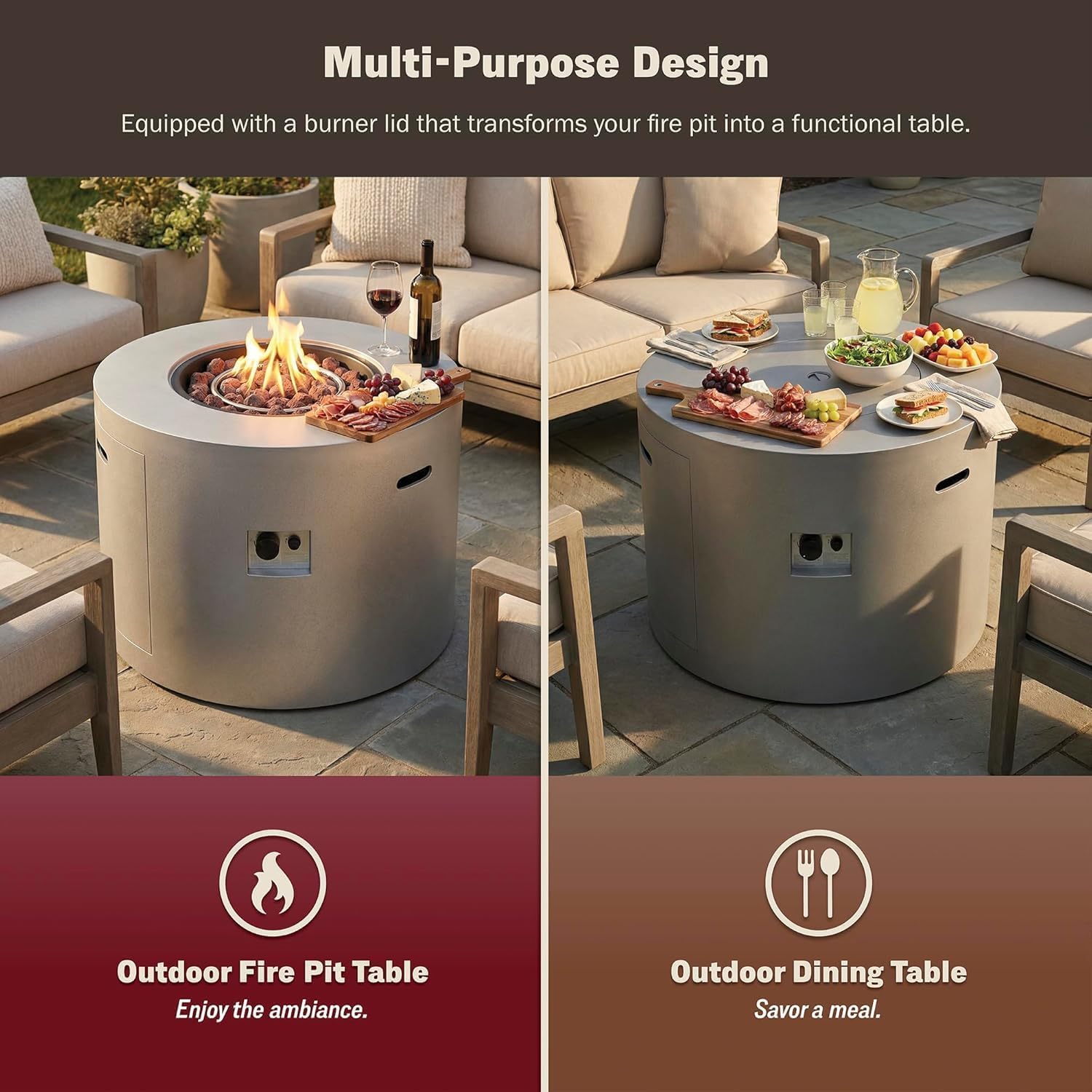 32" Smokeless Propane Fire Pit Table w/Lid, Alloy Steel Round Outdoor Patio Firepit Table 50,000 BTUs, Lava Rocks, Weatherproof Cover, CSA Safety Certified, for Wooden Deck, Backyard and Pool