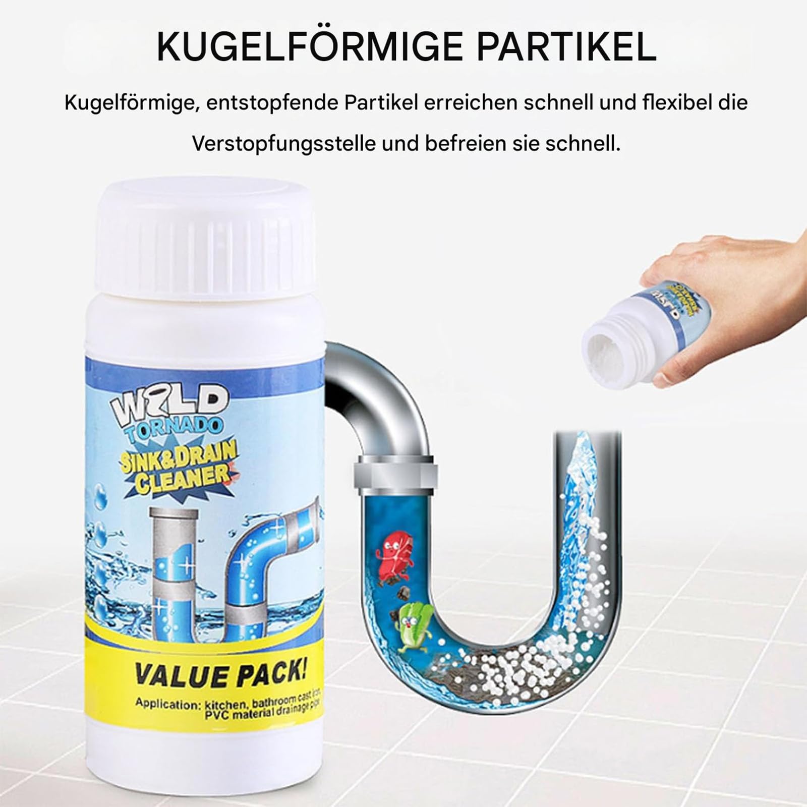 Vollstern - Detergente per scarichi, Value Pack per tubi, altamente efficace, con schiuma attiva, per cucina, bagno, toilette e balcone (110 g per bottiglia) (2 pezzi)